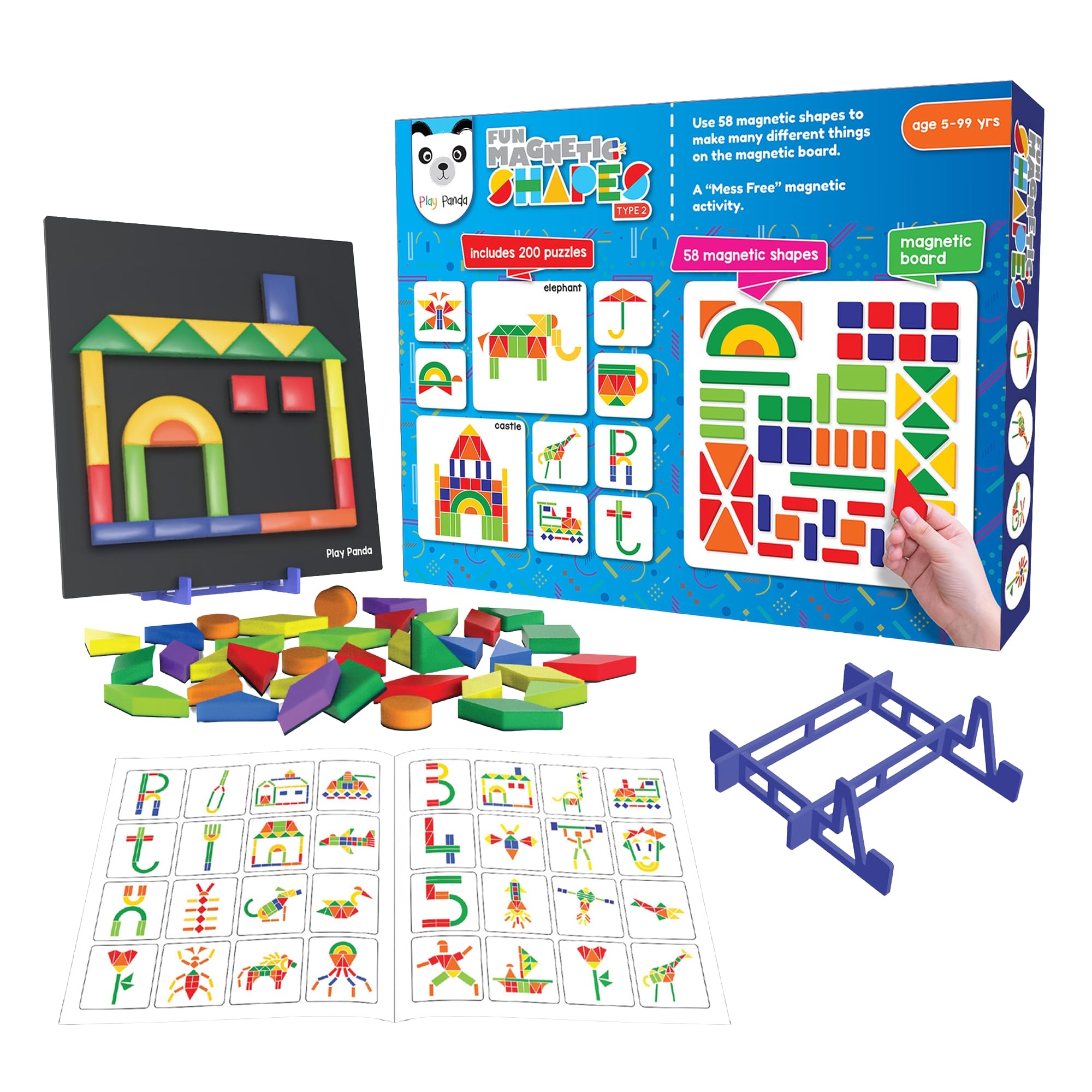 Play PandaFun Magnetic Shapes Small Type 2 with 58 Magnetic Shapes, 200 Pattern Book, Magnetic Board and Display Stand