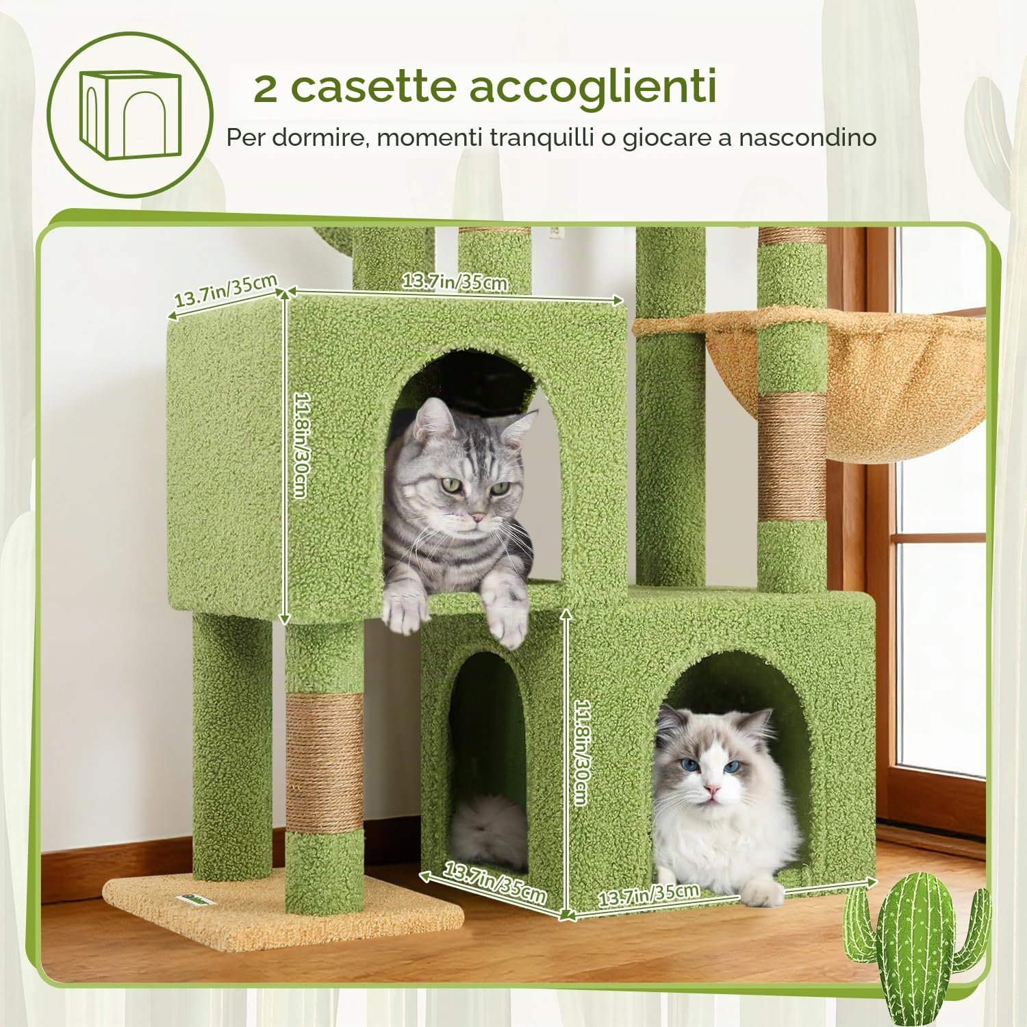Globlazer Tiragraffi per Cactus Verde con 2 Grotta, Imbottiti Piattaforma,Trespoli, Cestini, Peluche Giocattoli, Stabile Tiragraffi Alto 134 cm per Grandi Gatti Anziani Riposare Giocare (S52, Verde)