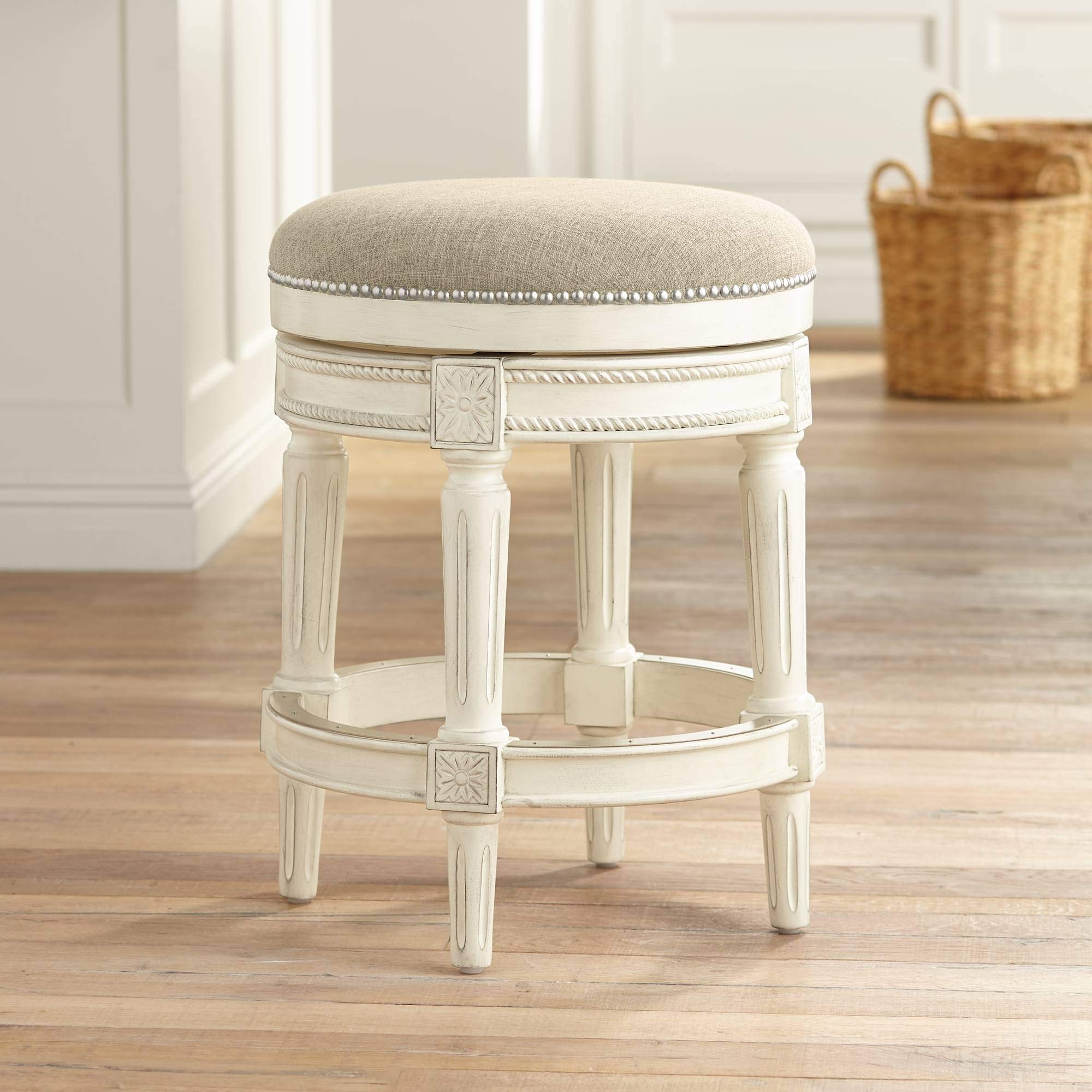 55 Downing Street Oliver Wood Swivel Bar Stool Distressed White 24 1/2" High Vintage Traditional Cream Woven Fabric Round Cushion Nailhead with Footrest for Kitchen Counter Island House Home Shed