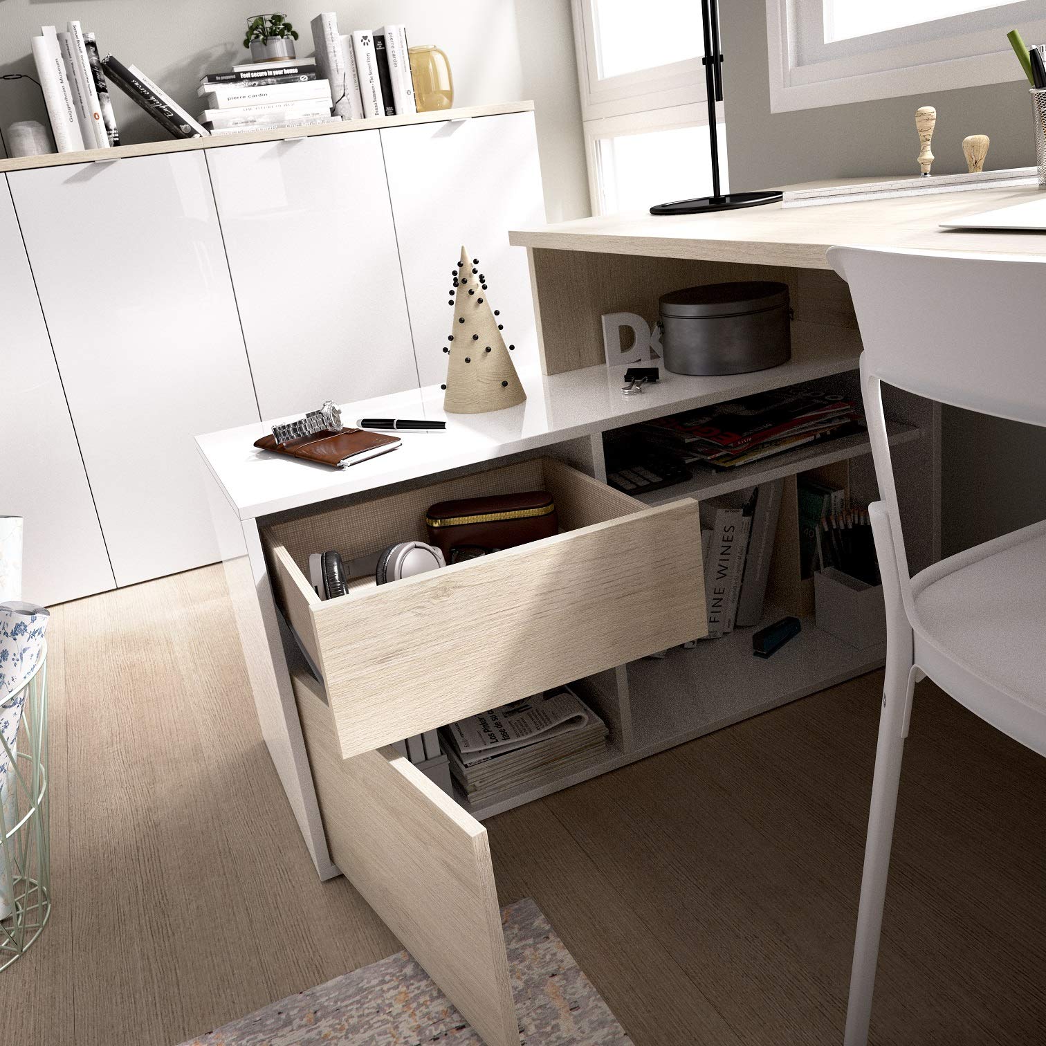Mesa de estudio 139 cm moderna y barata en natural y blanco brillo
