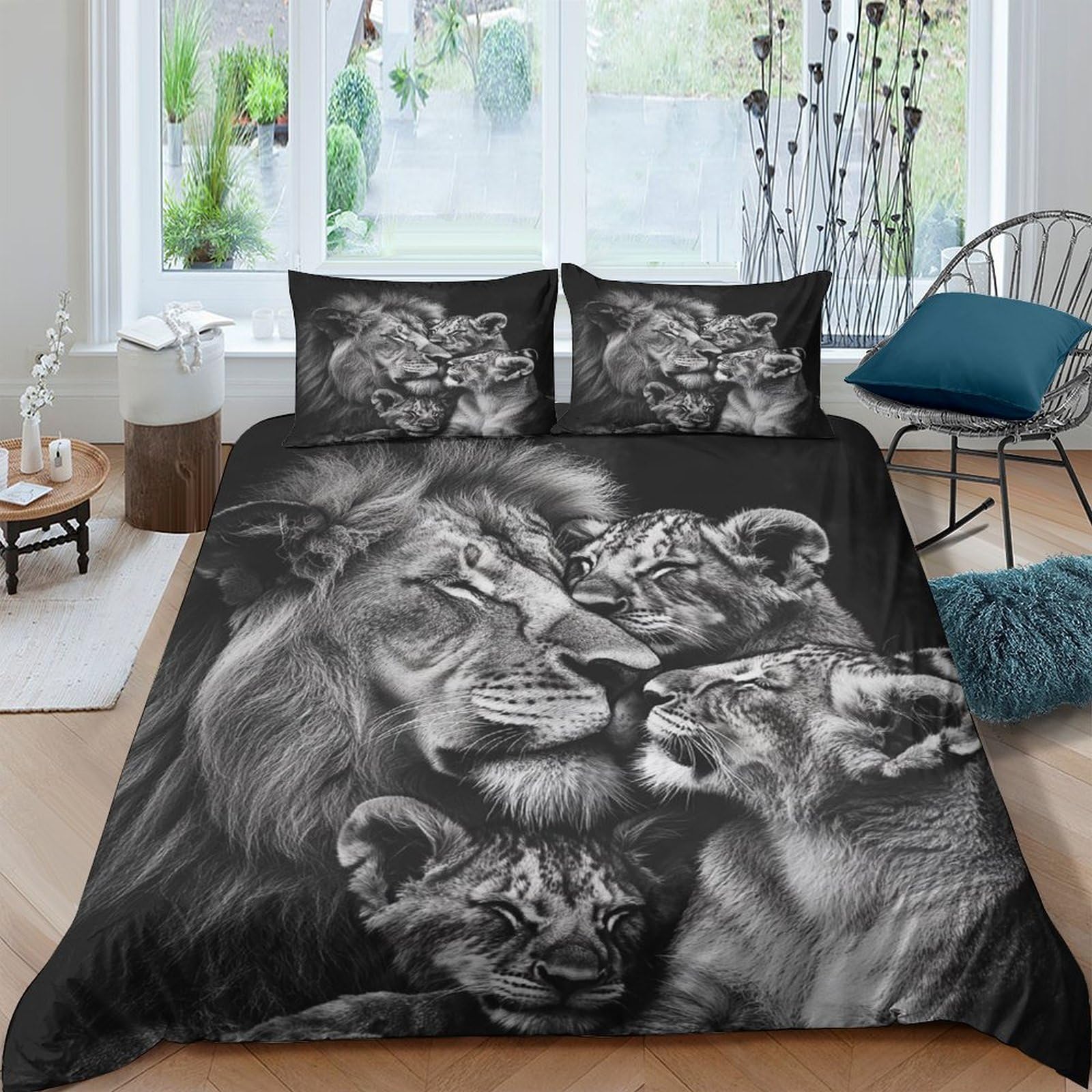 Ctjqhvkz Style-3 3D Printed Lion Family Fitted Sheet Microfiber Black White Bed Cover Anti-Slip Washable For Bedroom Dorm Decor Single（135X200cm）
