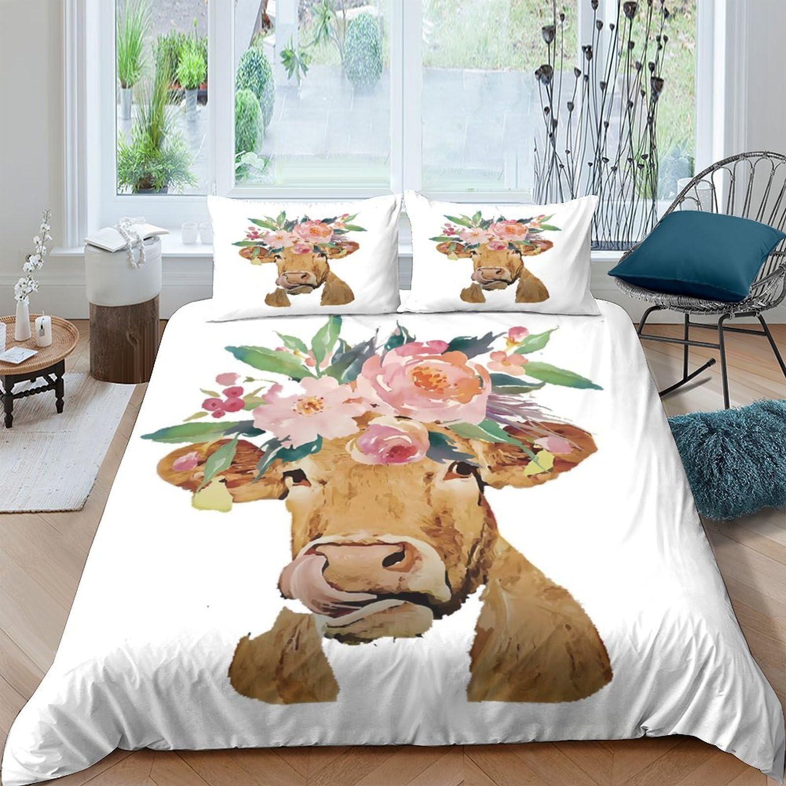 Ctjqhvkz Style-4 3D Printed Floral Cow Fitted Sheet Microfiber Soft Breathable Cartoon Animal Bed Sheet For Bedroom Guest Room Decor Single（135X200cm）