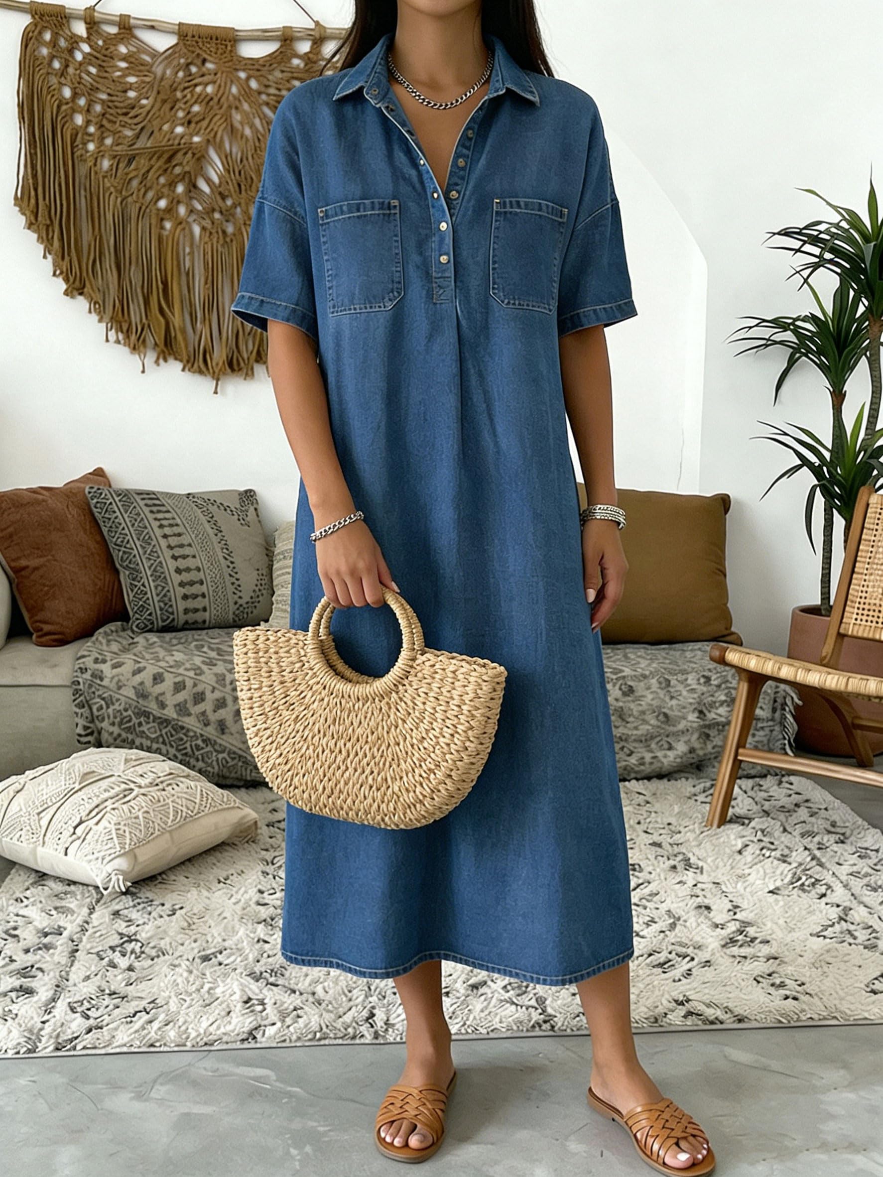 Vestido Vaquero Holgado de Verano para Mujer con Cuello en V y Botones; Vestido Vaquero Casual Holgado con Pliegues y Manga Corta