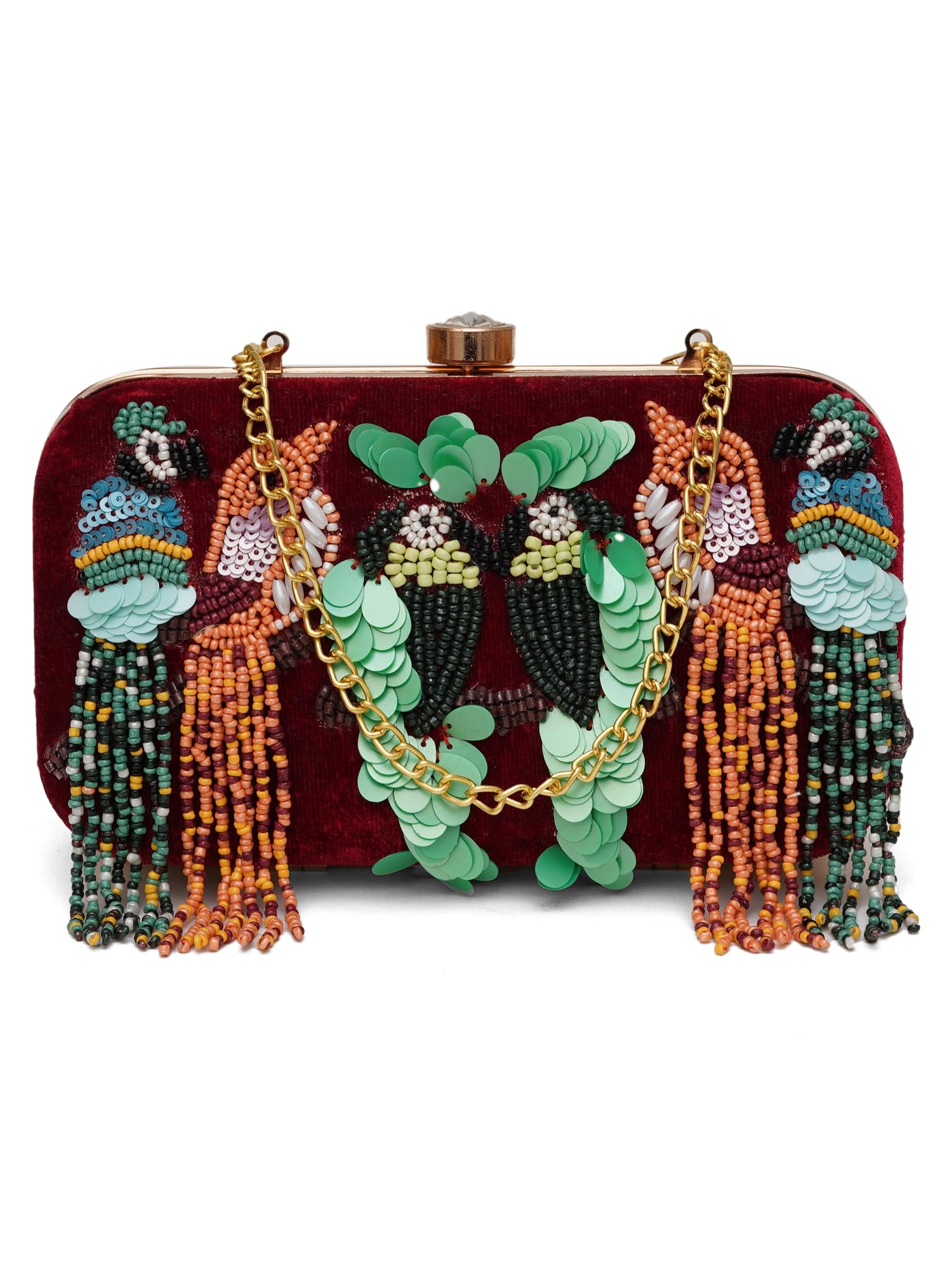 Women's Maroon Bird Hand Embroidery Party Wedding Box Clutch Purse Bag with detachable Sling-image-14