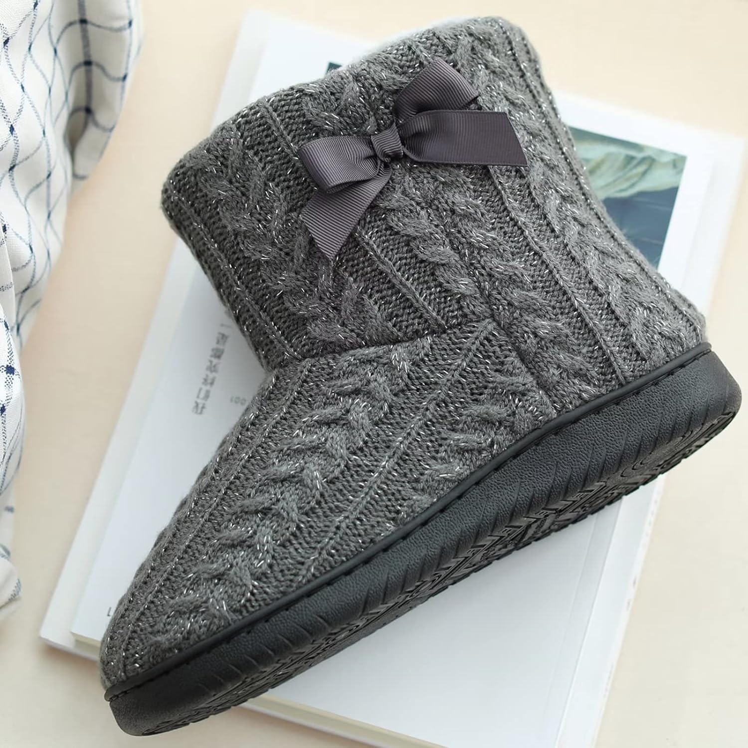 Slipper Boots Women Knit Plush Lining Winter House Shoes Memory Foam Indoor Outdoor - Image 4