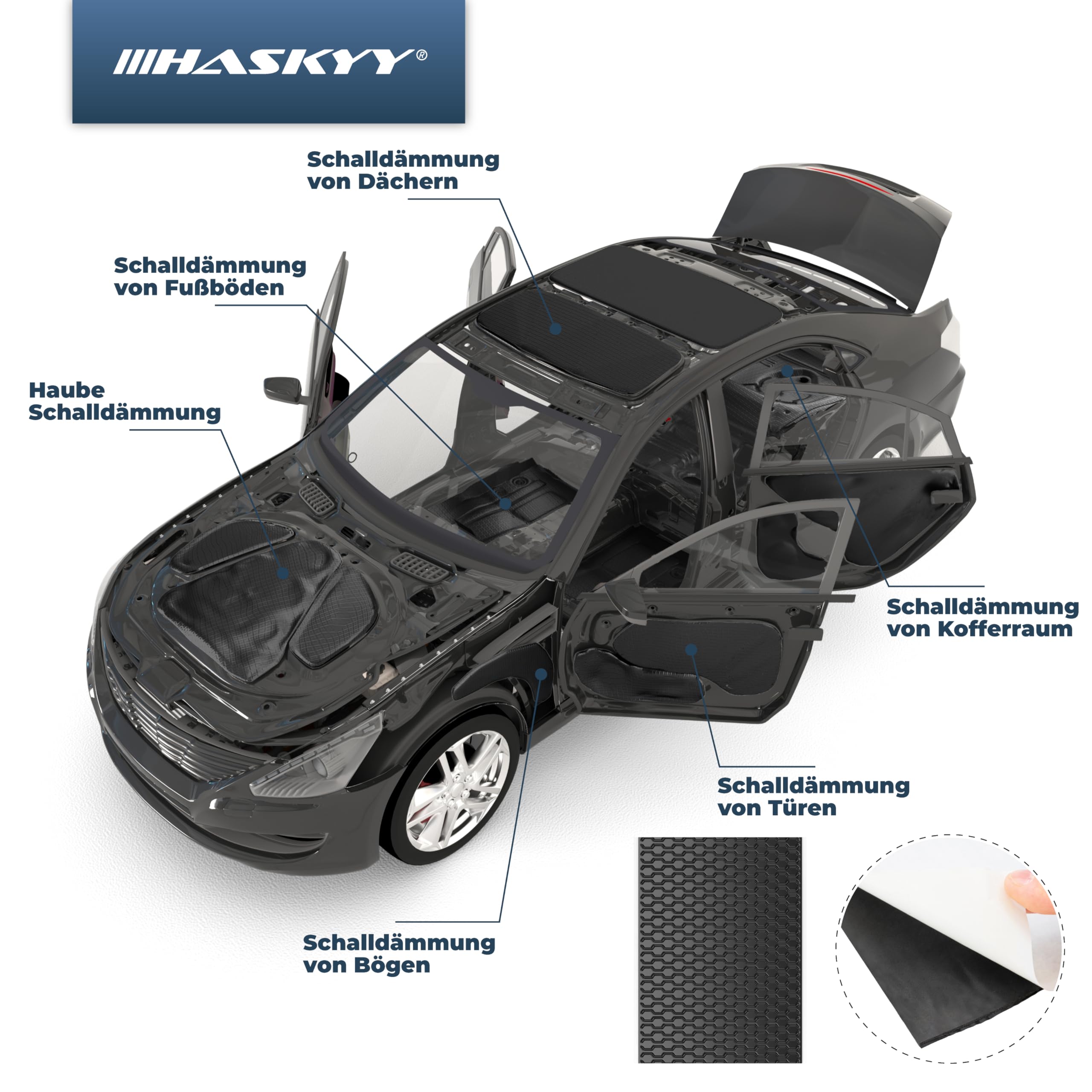 HASKYY 2mm Alubutyl Platten 1,11m² 500x370mm 6x Schwarz Anti Dröhn Dämmmatte selbstklebend Auto Dämmung - KFZ Lärmschutz, Schalldämmung und Schallschutz