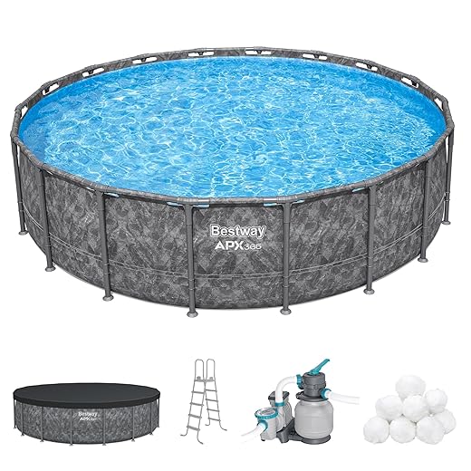 Bestway APX 365 18' x 52" Round Above Ground Swimming Pool Outdoor Backyard Framed Pool Set with Sand Filter Pump, Ladder, and Cover, Dark Marble