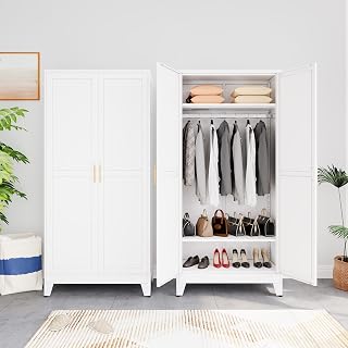 AUEYTVR 71" Metal Armoire Wardrobe Closet with Hanging Rod, 2 Doors, Adjustable Shelves & Drawers for Bedroom Storage