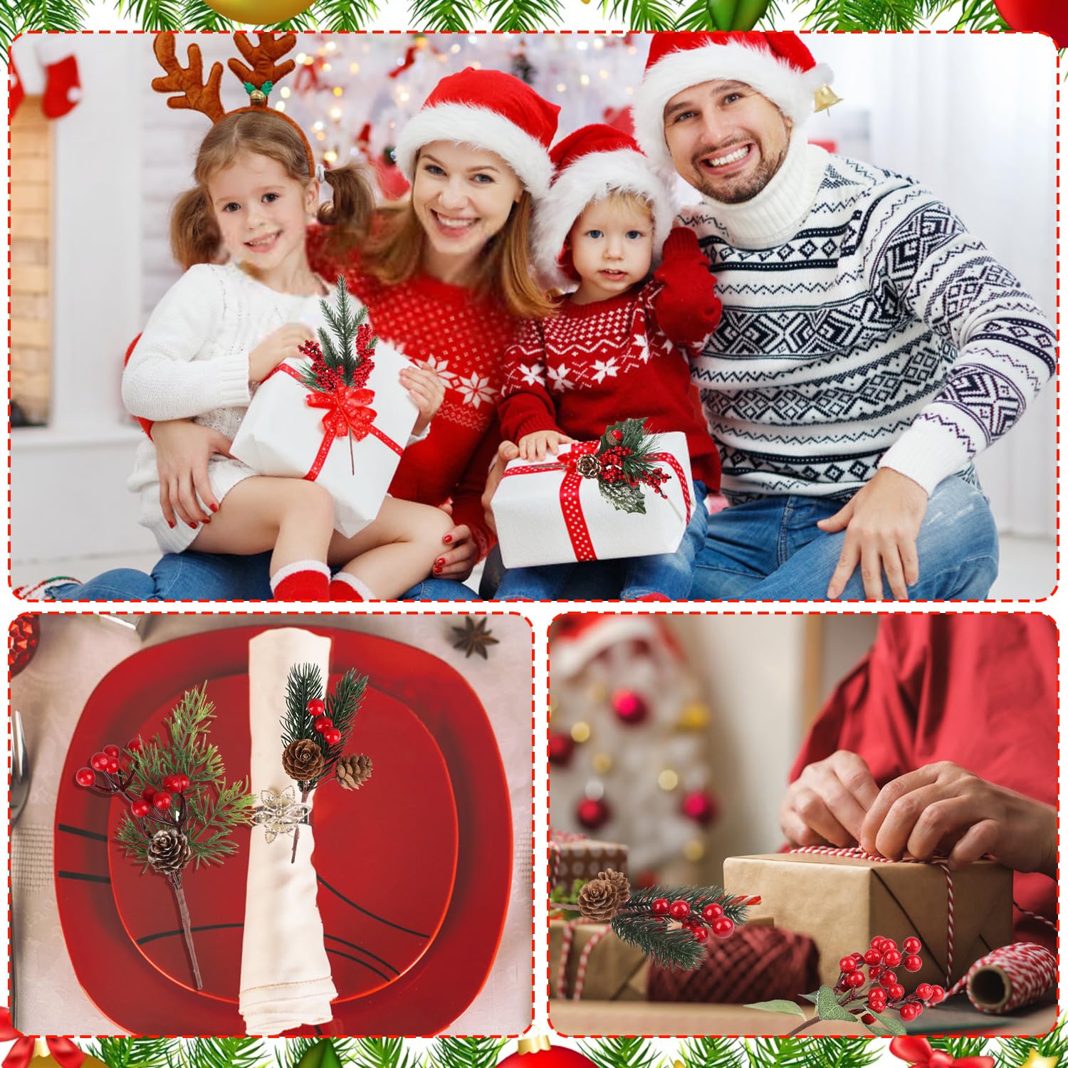 LOMIMOS Künstliche rote Beerenspieße, Tannenzapfen, künstliche Stechpalmenstiele mit Tannenzapfen, unnötige Zweige für Weihnachtsbaumdekoration, Basteln, Kranz, Girlande, Dekoration, 20 Stück