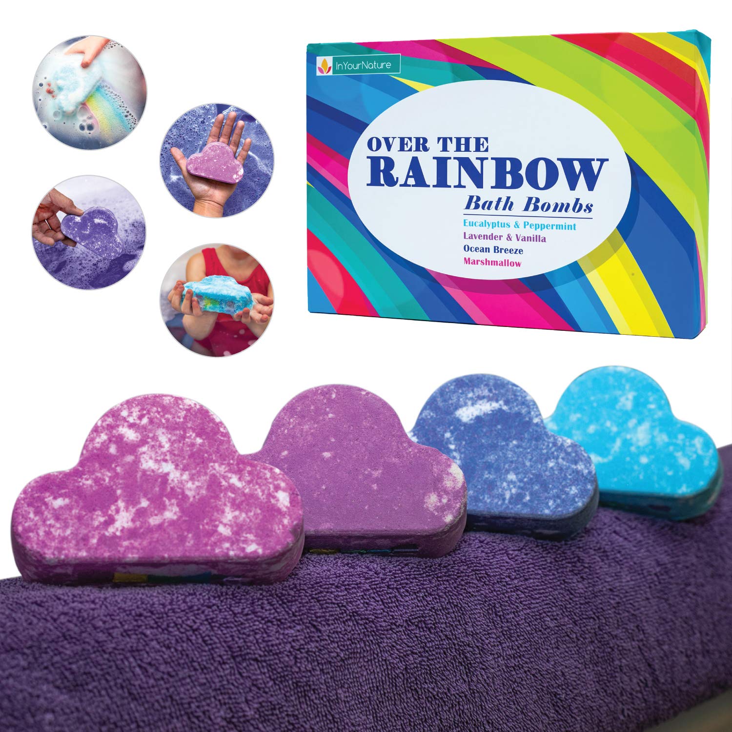 InYourNature Rainbow Bath Bombs Gift Set, 4 Large 5 oz Magic-Cloud Bath Bomb with Moisturizing Shea Butter, Organic Coconut Oil and Natural Essential Oils, Birthday Gift for Kids, Girls, Women