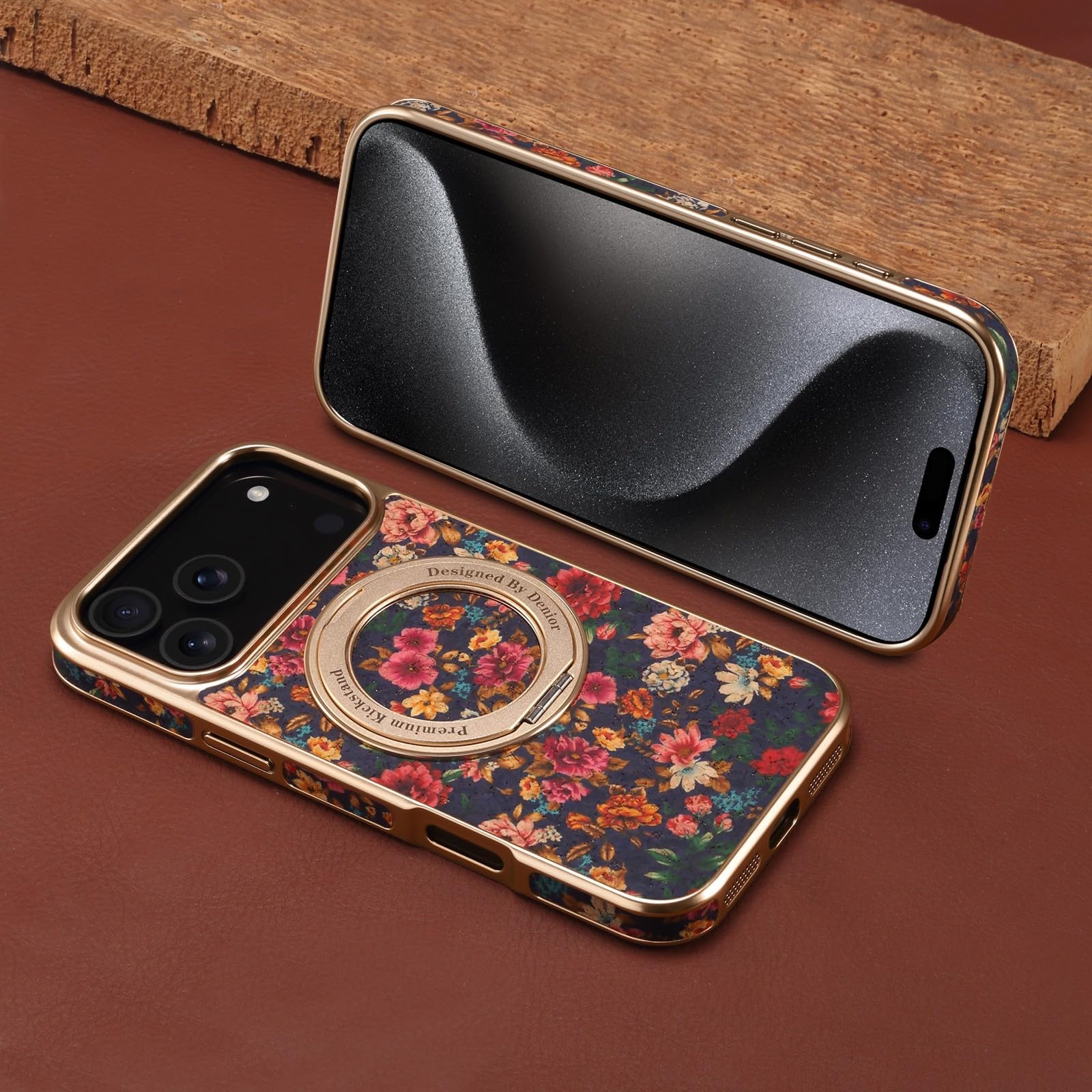 Generic Étui compatible avec Apple iPhone 14 Pro (couleur : rouge) étui rigide en cuir avec anneau en métal et fleur de luxe