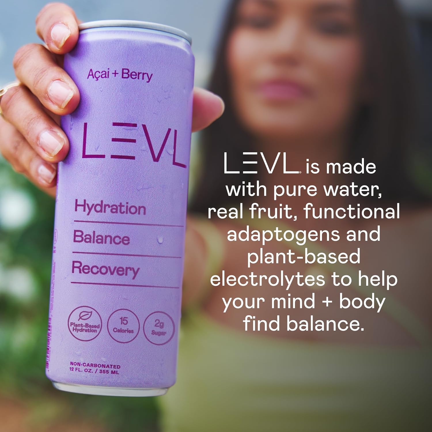 LEVL Functional Hydration Drink - Acaí + Berry (Non-Carbonated) Pure Water, Real Fruit, Adaptogens, Electrolytes | All-Natural, No Artificial Additives, Zero Added Sugar, Non-GMO, Caffeine Free, Sports Drink | 12 FL OZ Cans - (Pack of 12)