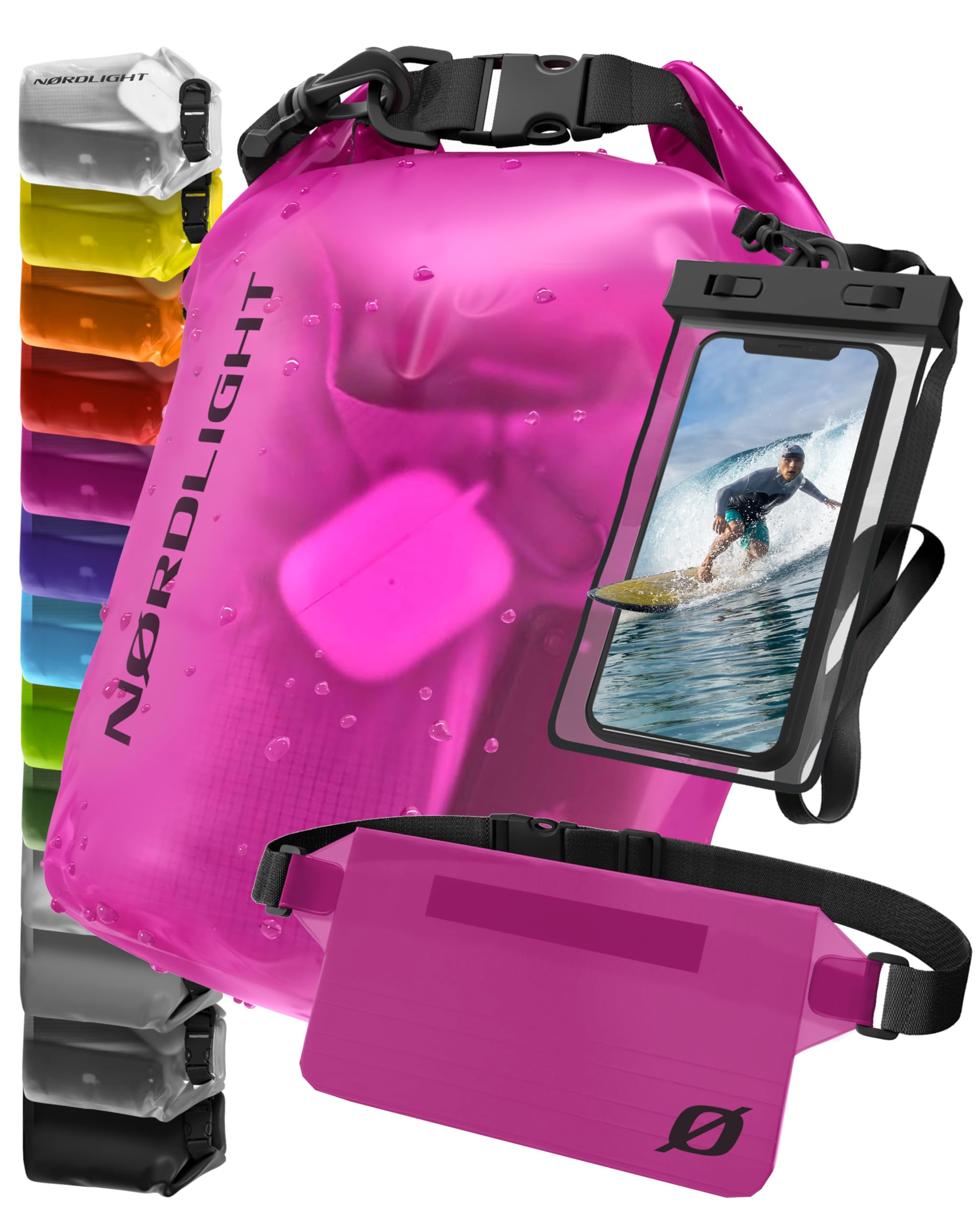 Nordlight Dry Bag wasserdichte Tasche - 2l 5l 10l 15l 20l 30l Liter | Wasserfester Packsack Seesack Beutel Waterproof Drybag + Roll-Top + Schultergurt | Schwimmen Baden Strand Kanu SUP Tauchen Handy