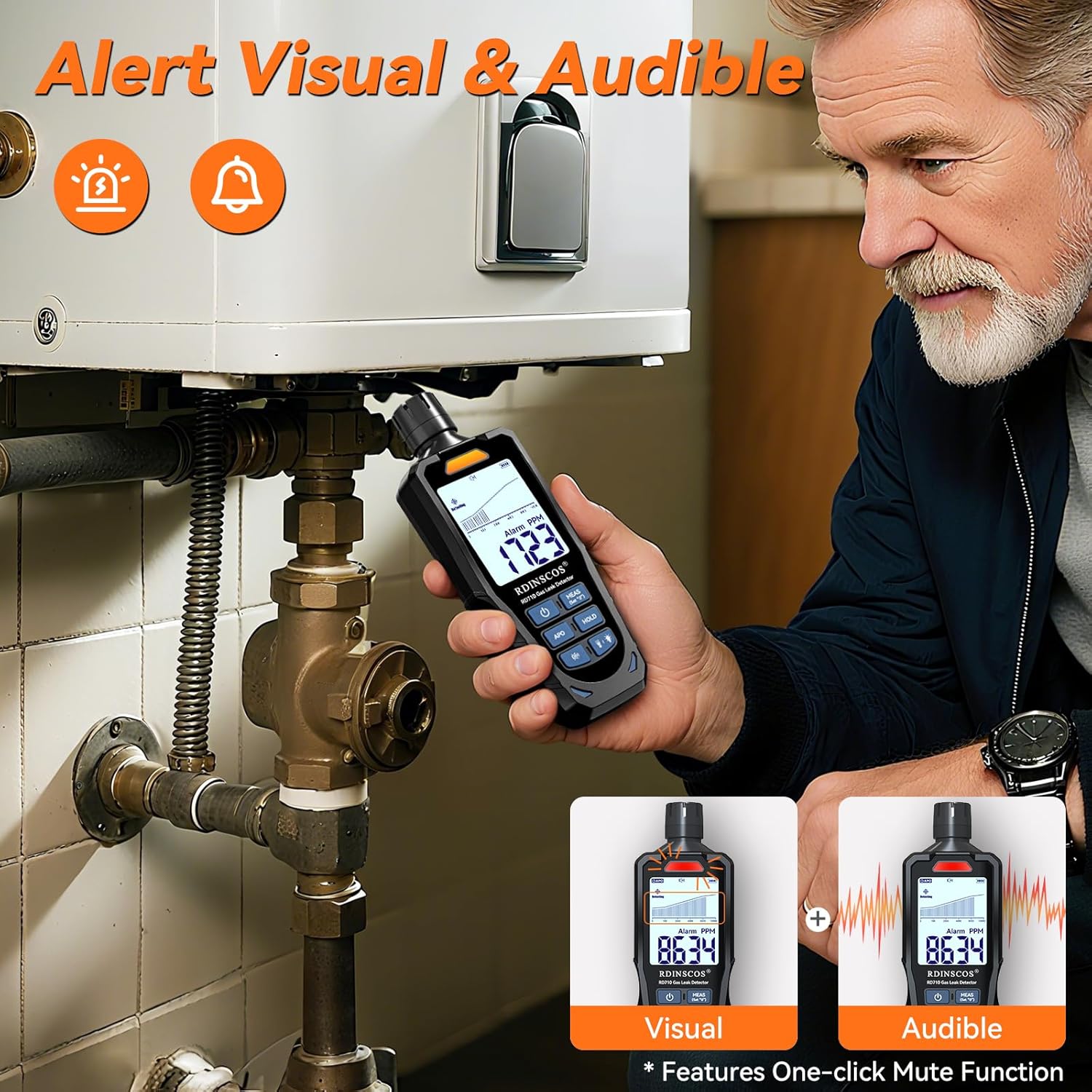 A person using the RDINSCOS RD710 gas leak detector to check for leaks near a water heater or boiler.