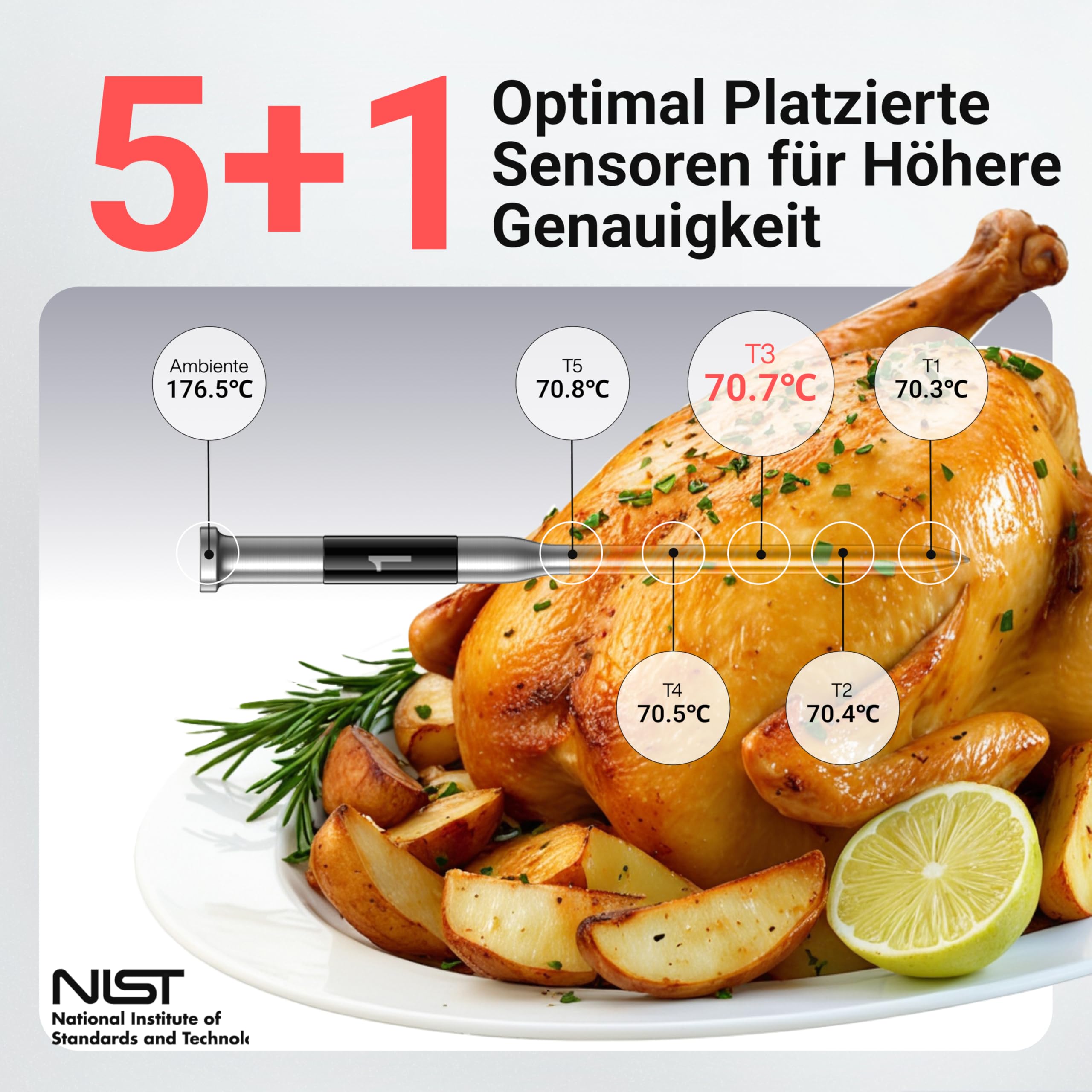 ThermoMaven P1 Fleischthermometer kabellos, Grillthermometer mit WiFi & Bluetooth 5.3, App & Display, 6 Sensoren, ±0,3 °C Genauigkeit, IPX8, 48 h Akku, Bratenthermometer für Grill, Backofen & Smoker
