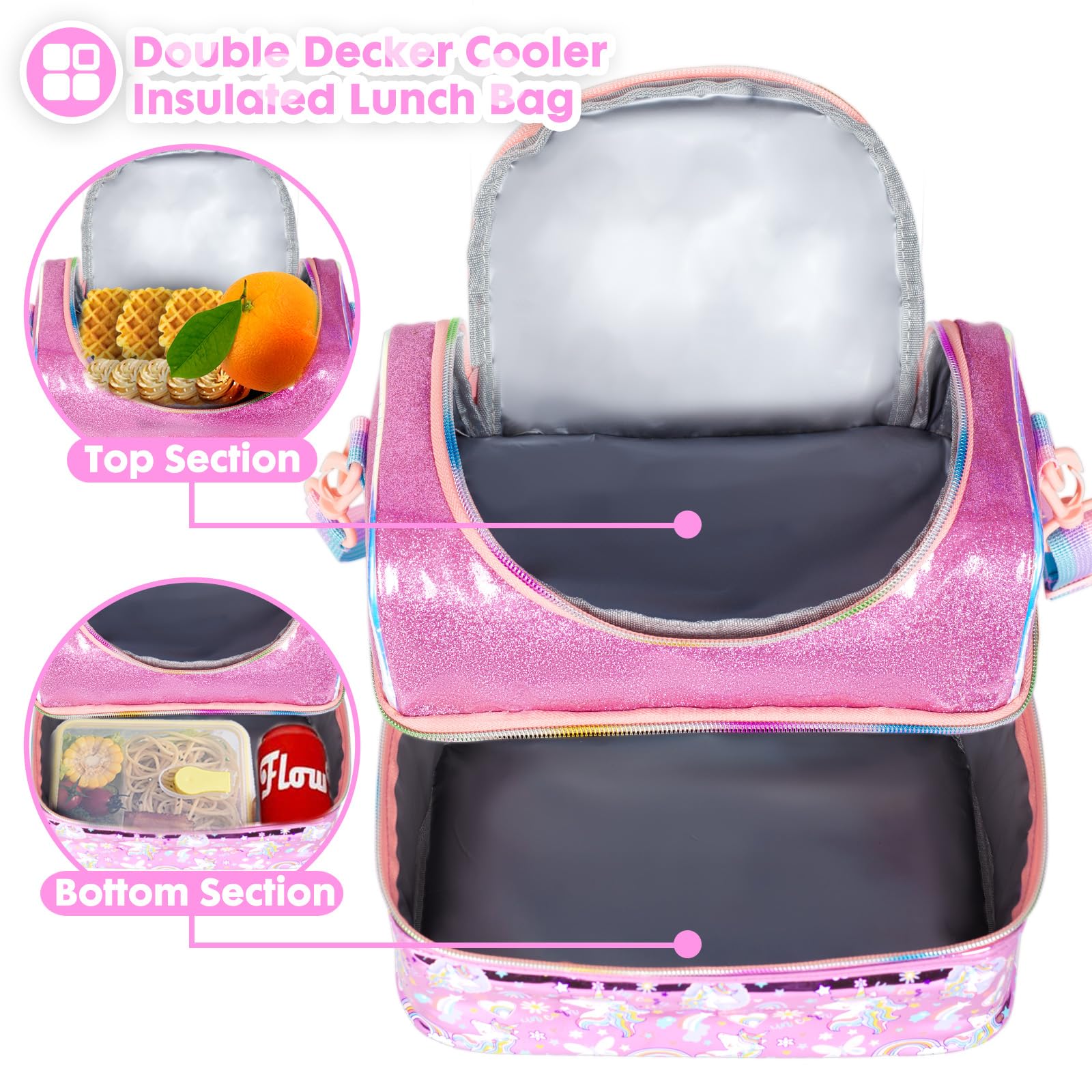 PinkSheep Kids Double Decker Cooler Insulated Lunch Bag Large Tote for Boys Girls, Men, Women, with Adjustable Strap - Image 2