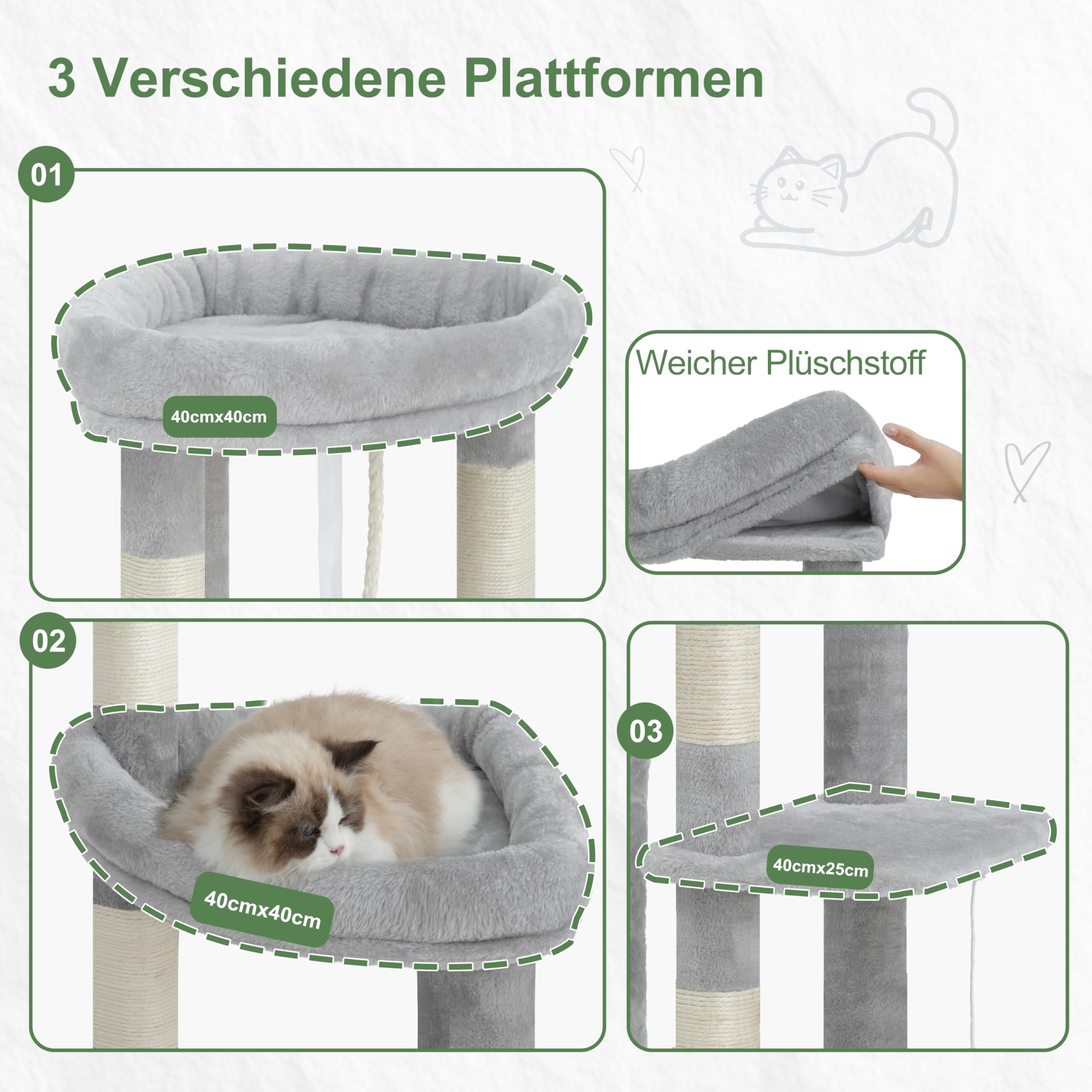 Gitelsnour Kratzbaum 182 cm stabil für Mehrkatzenhaushalt, XXL Katzenbaum mit 3 großen Katzenhöhlen (40x40 cm), 3 Plattformen, Korb und 10 Kratzsäulen, kippsicher, Hellgrau GCT036W