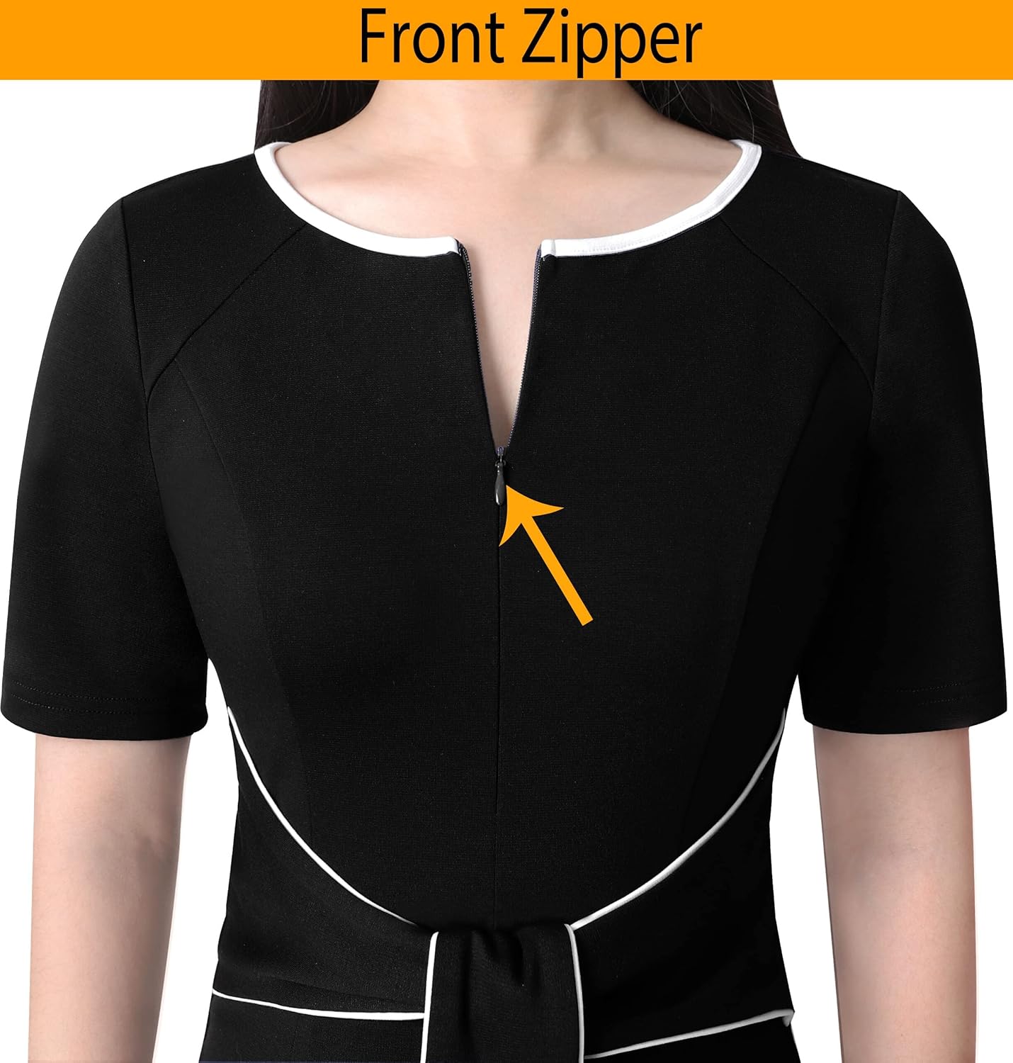VFSHOW Womens Front Zipper Tie Waist Bow Short Sleeve Slim Fitted Work Business Office Party Bodycon Pencil Sheath Dress - Image 3