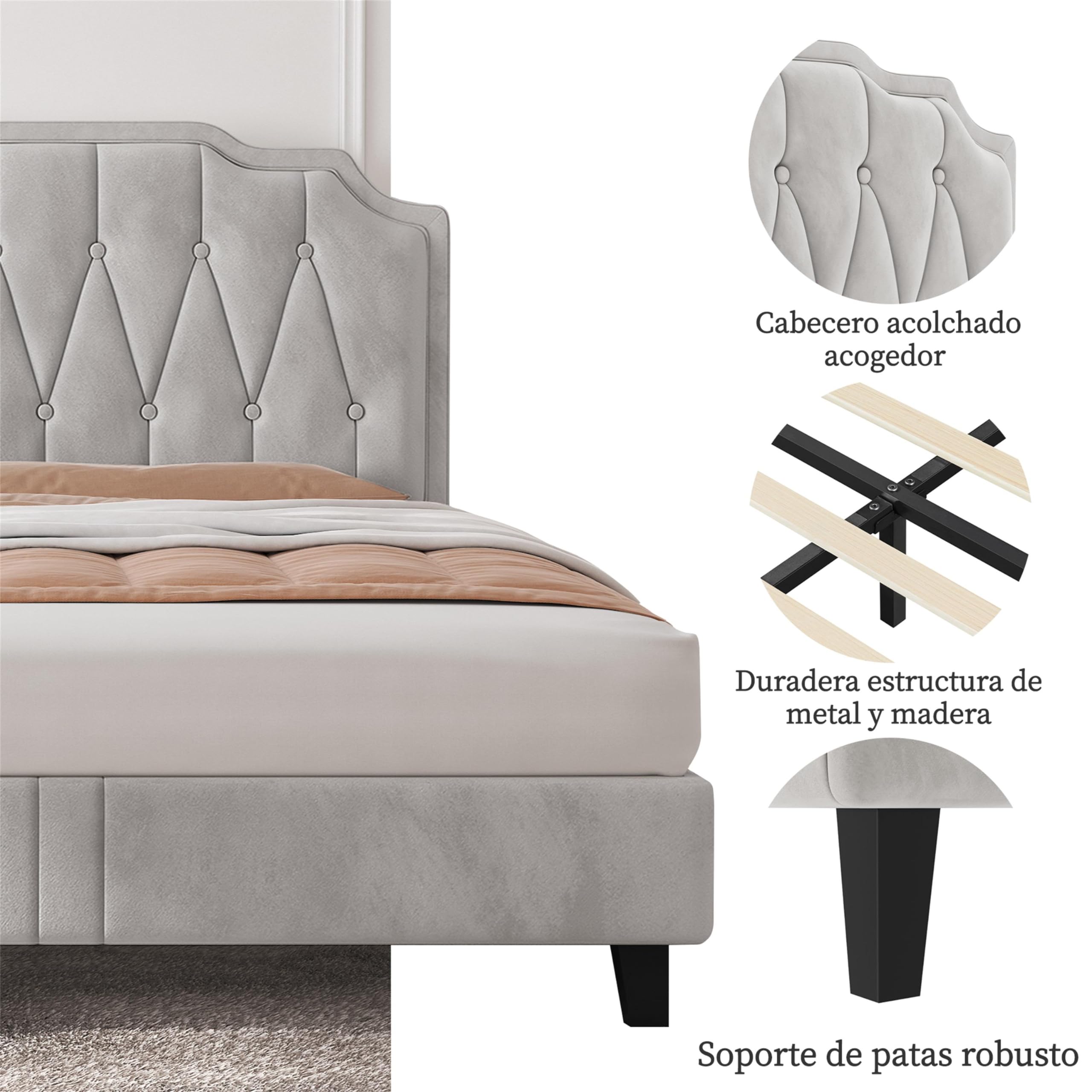 Yaheetech Letto con Testiera Imbottita 160 x 200 cm Altezza Regolabile Rete a Doghe in Legno e Metallo Beige