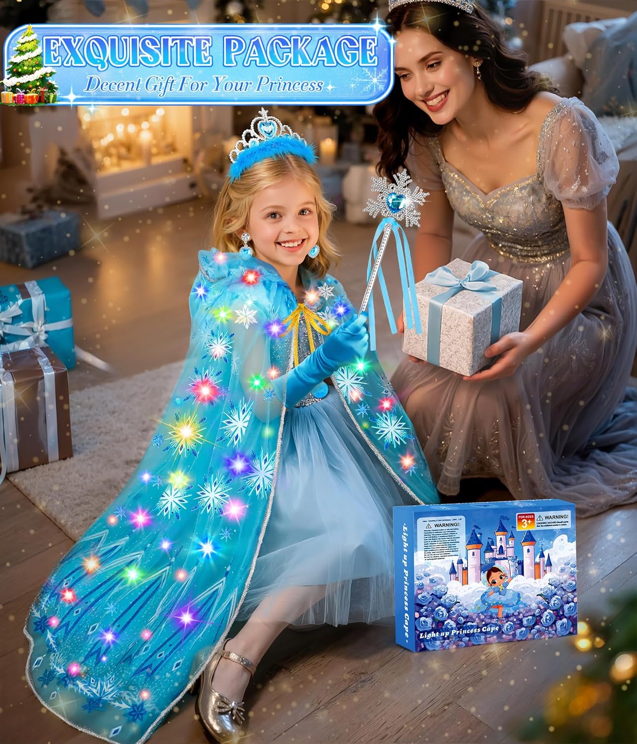 Jeowoqao Princess Dress up for Girls 4-6, Light up Princess Cape with Crown Gloves Princess Toys for Girls 3-6 Halloween - Image 6