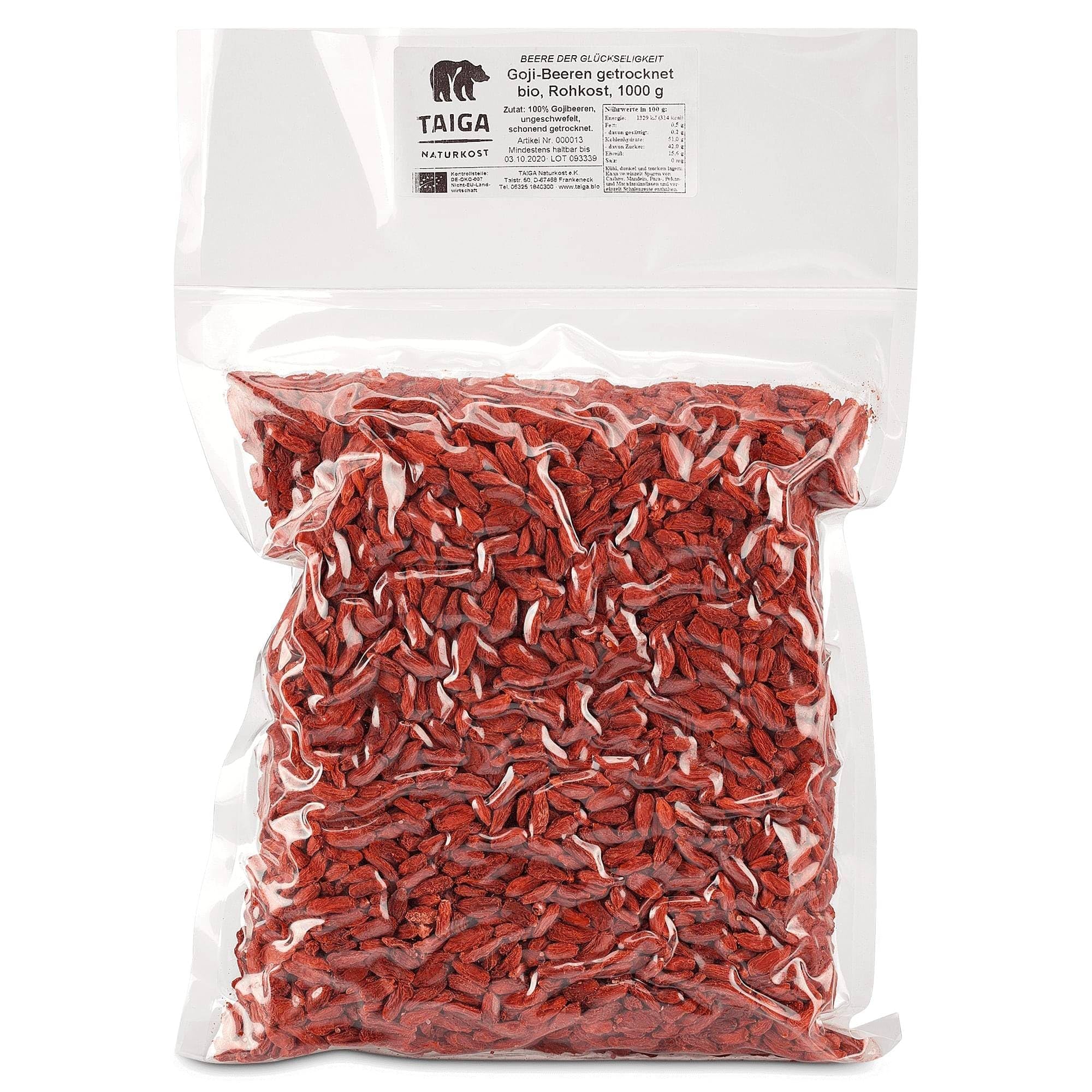 Köstliche Bio Goji-Beeren, Roh & Natürlich | TAIGA Naturkost- Premium Goji-Beeren Bio, 1000g