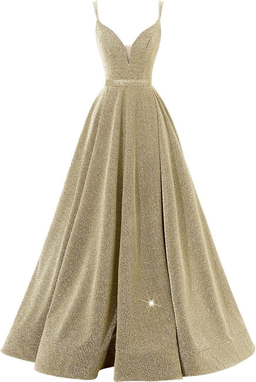 Glitter Long Prom Dresses 2025 Sparkly Evening Gown with Slit Spaghetti Strap V Neck Formal Prom Gowns with Pocket
