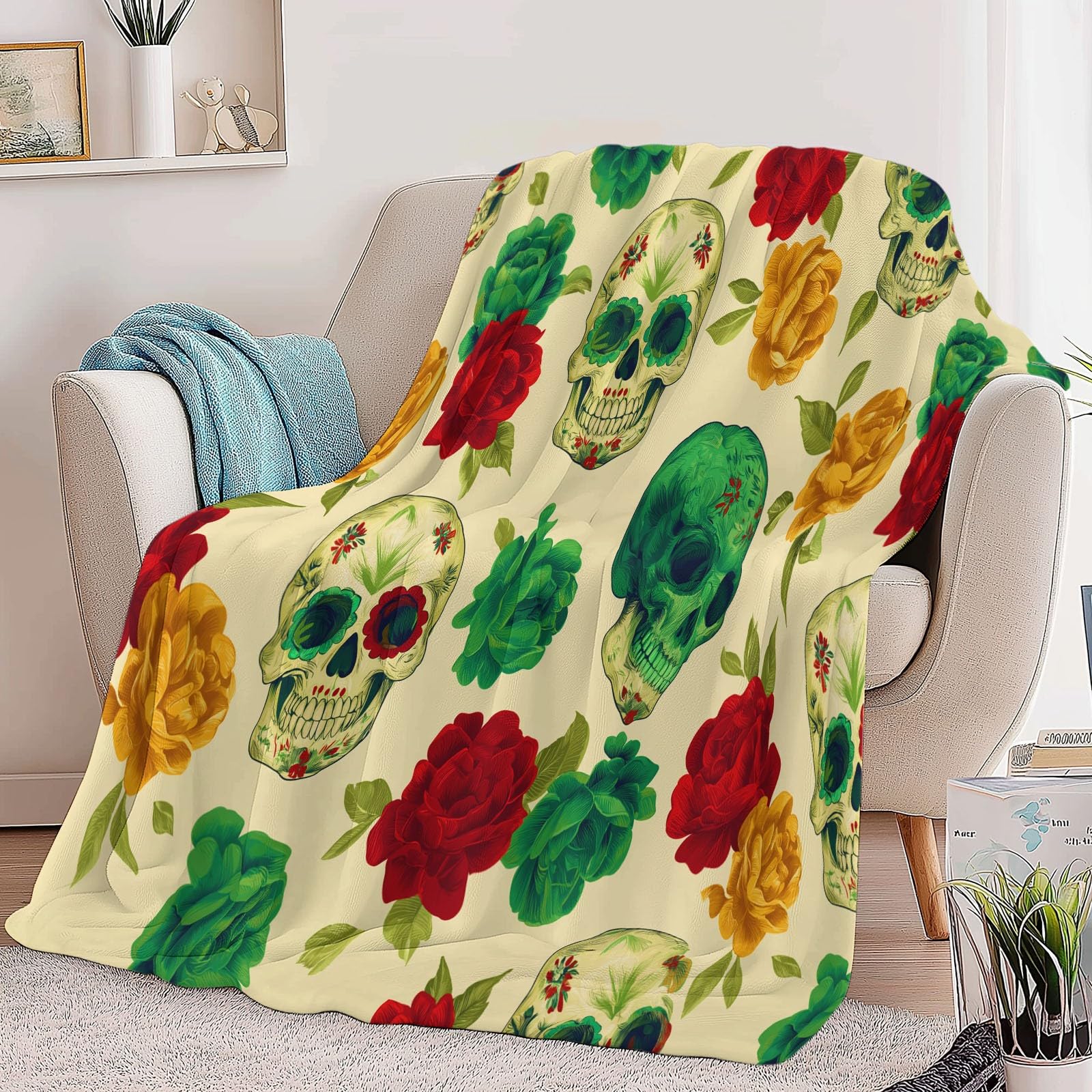 Genérico Polarowy koc flanelowy dla dzieci i dorosłych 200 x 200 cm, koce na sofę z nadrukiem wykwintny wzór czaszki szkielet kwiaty - kremowy miękki ciepły ciepły żółty koc oddychający lekki
