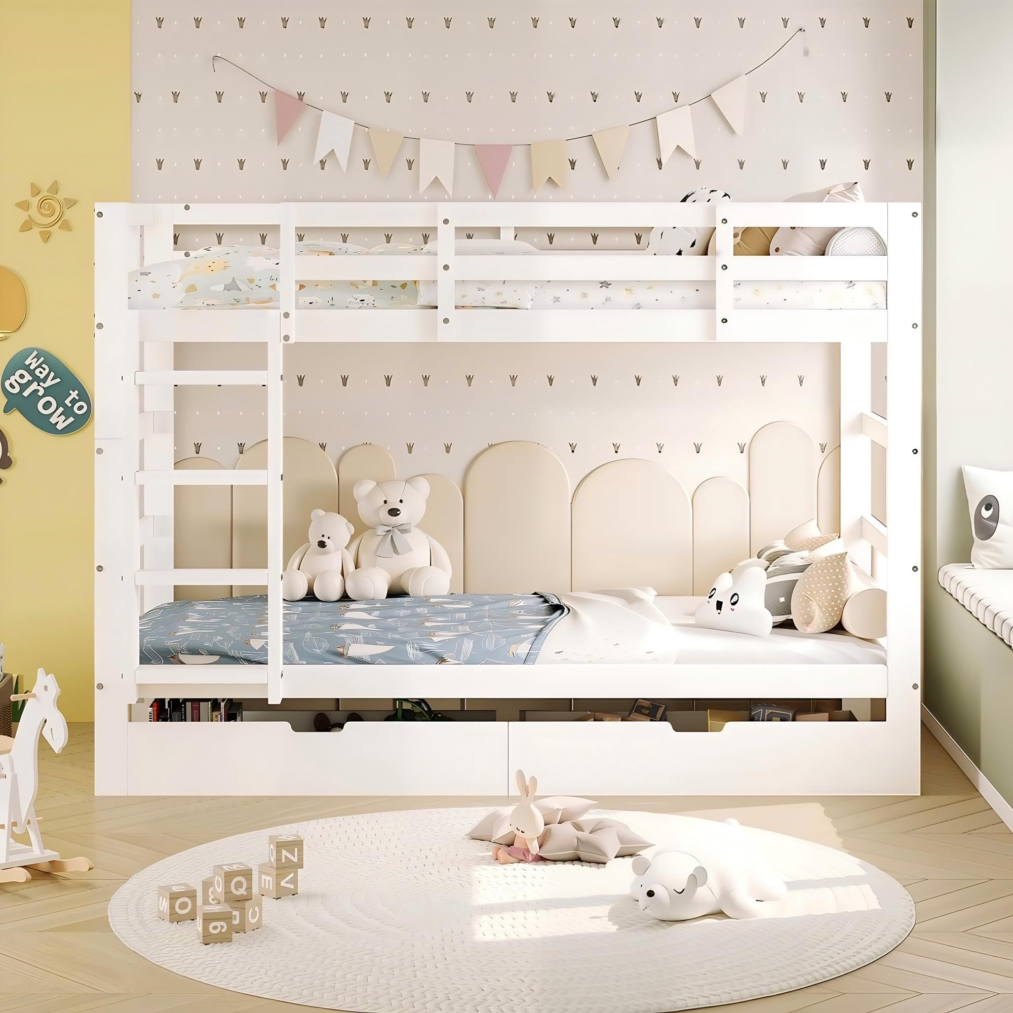 Hochbett Kinder 90x200, Etagenbett Kinderbett, Hochbett Stockbett mit Rausfallschutz und 2 Schubladen, Funktionsbett Jugendbett mit Lattenrost, umbaubar in Zwei Kinderbetten