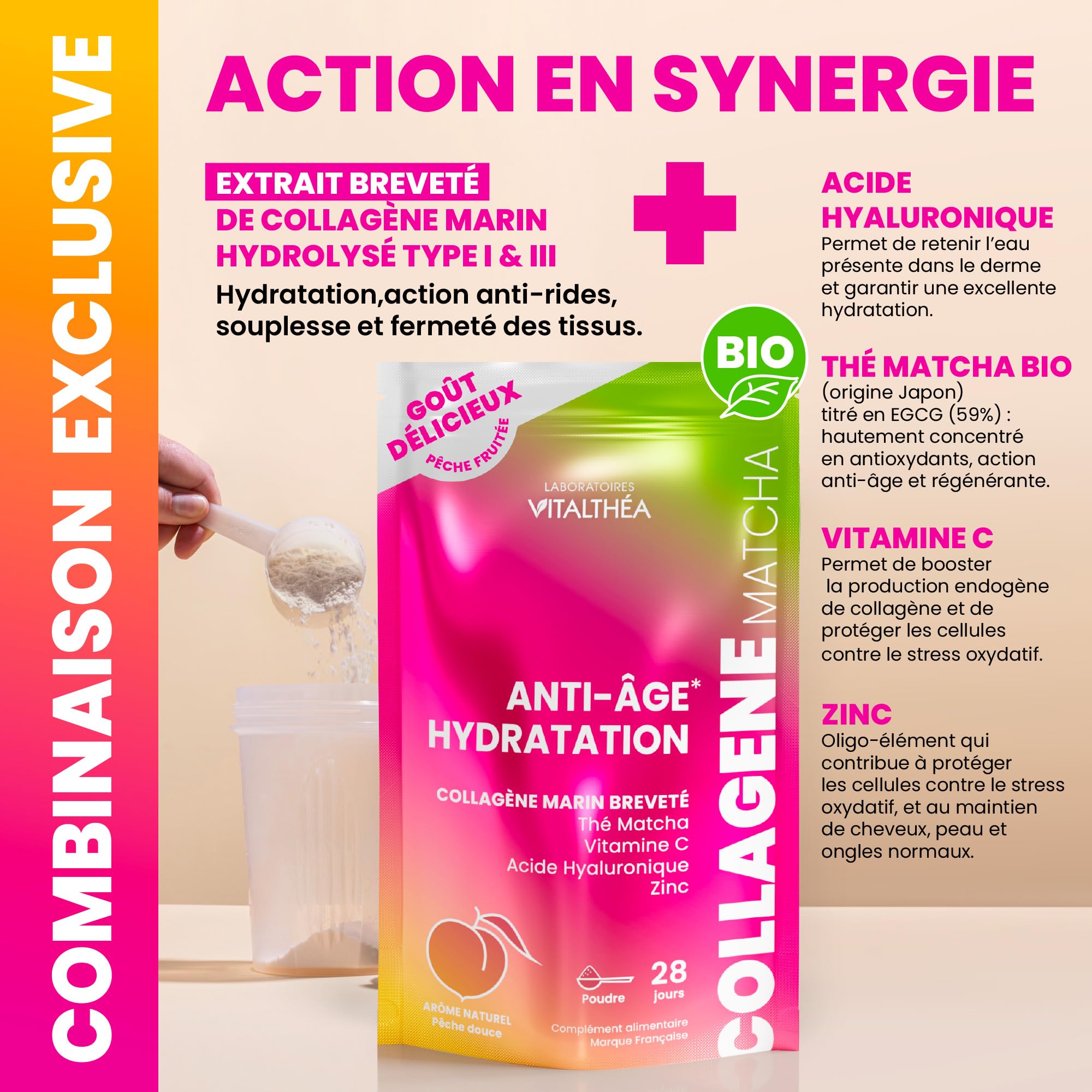 COLLAGENE MARIN POUDRE + THÉ MATCHA + ACIDE HYALURONIQUE + ZINC + VITAMINE C : Formule Exclusive Premium | Anti-âge Peau & Articulations Sport |RÉSULTATS PROUVÉS* |Goût Pêche Douce |Fabrication France
