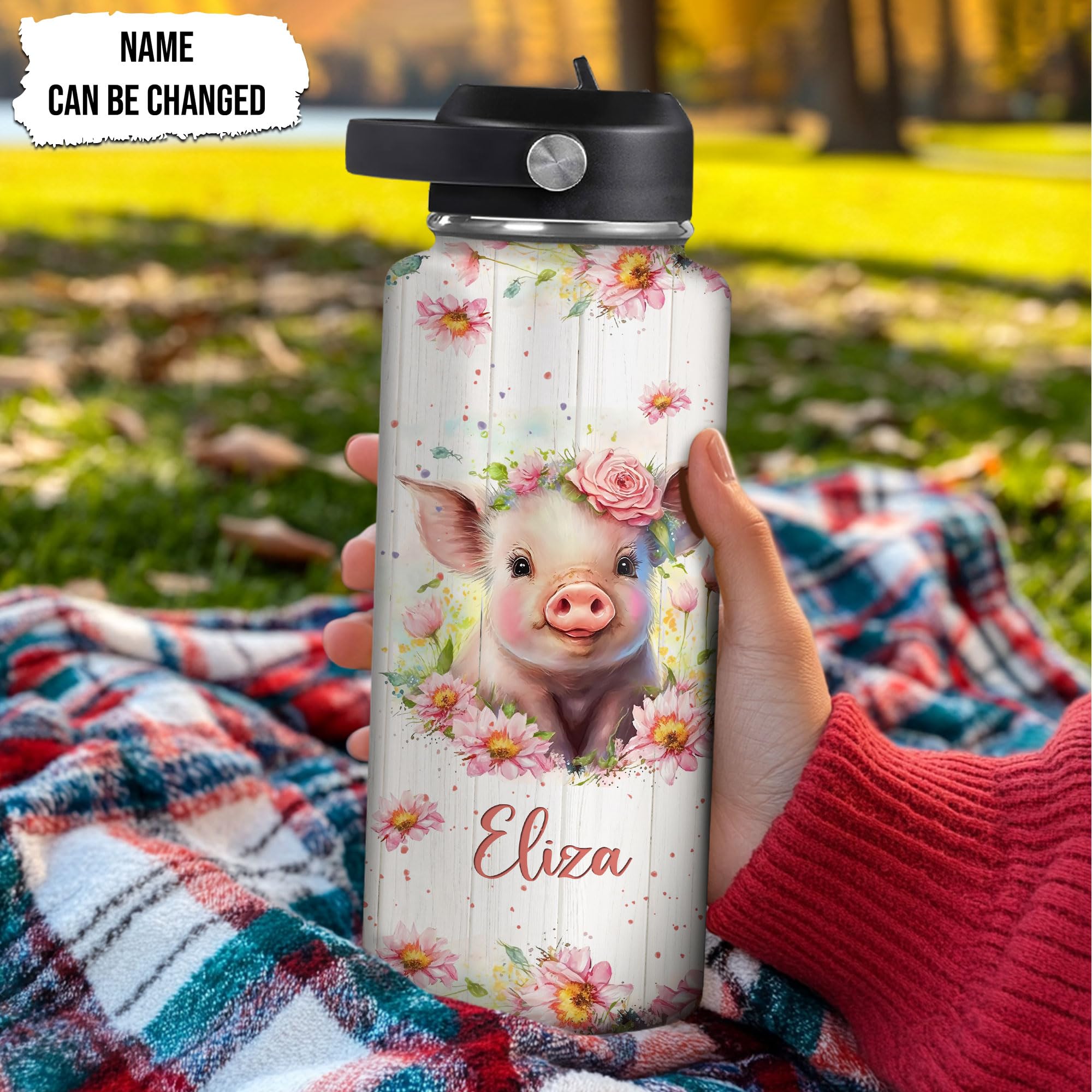 Hyturtle Personalized Pig Water Bottle - Travel Insulated Stainless Steel Bottle with Leak-Proof Lid 18 oz, 32 oz - Gift for Women Girls Pig Lovers - Birthday & Christmas Gift