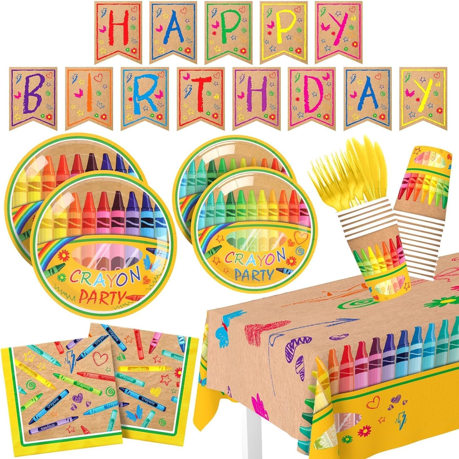 146pcs Crayon Birthday Party Decorations, Crayon Themed Party Supplies Colorful Tableware Include Plates and Napkins Cups Tablecloth, Serves 24
