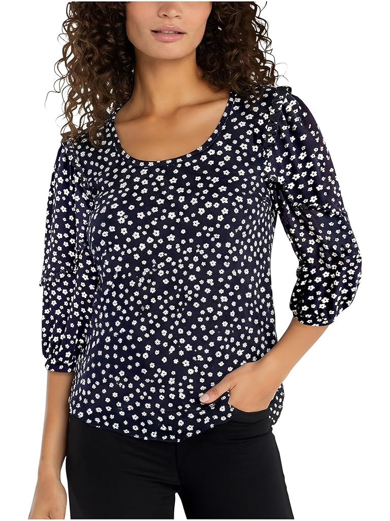 Navy Liverpool Los Angeles Mid-length Ruffle Sleeve Scoop Neck Knit Top