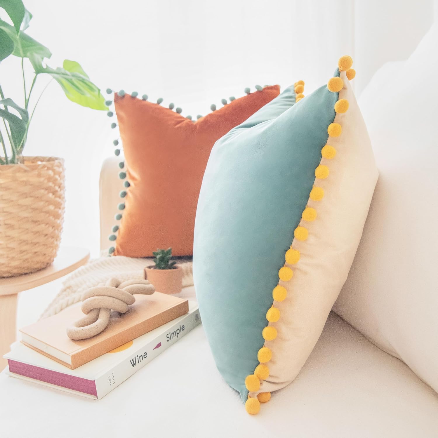 MONDAY MOOSE Decorative Throw Pillow Covers Cushion Cases, Set of 2 Soft Velvet Pom Poms Double-Sided Designs, Mix and Match for Home Decor, Pillow Inserts Not Included (20x20 inch, Orange/Teal) image 5