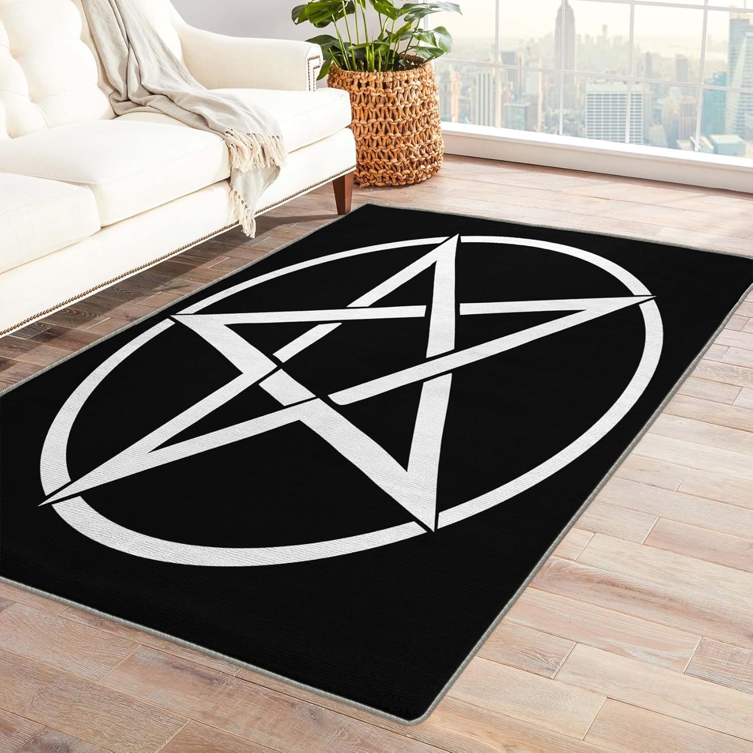Pentagram Rug & Home Decor - Washable Rug 5x6 - Wiccan Pentacle Rugs for Living Room Bedroom - Non Slip Soft Indoor Large Area Rug - Black and White Carpet - Pentagram Room Decor