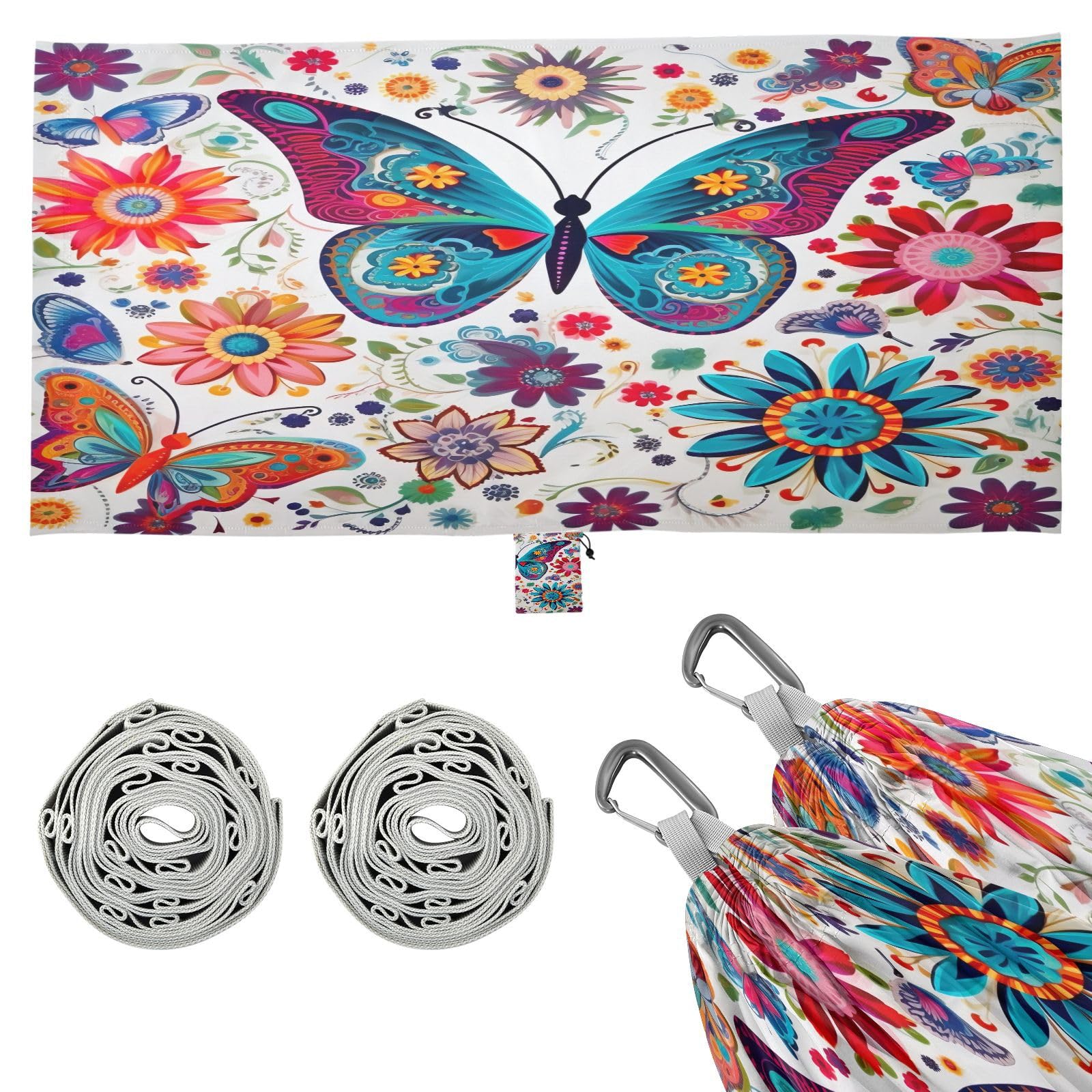 ATTX Colorful Butterflies Camping Hammock - Lightweight & Portable Hammocks, Heavy Duty 330lbs Capacity for Indoor, Hiking, Backpacking, Travel, Backyard, Beach#244