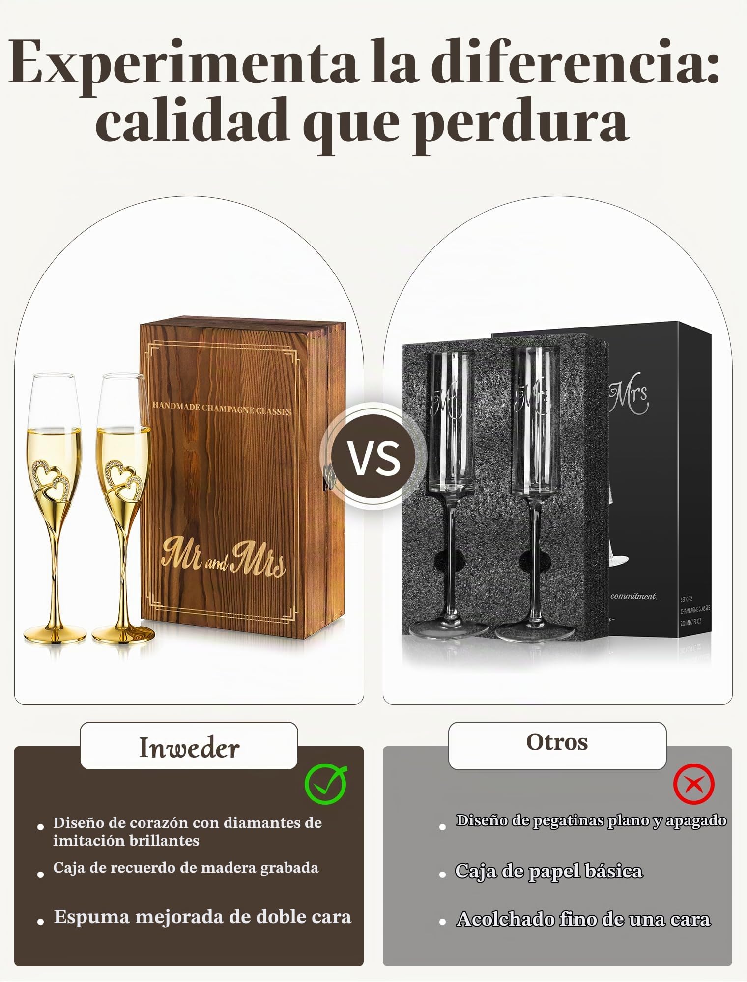 Copas de Champán Dorado para Boda: con Caja Regalo de Madera, 2 Pcs | Capacidad de 200 ml, Cristal Sin Plomo, Tallo Metálico, para Compromiso, Aniversario, Despedida de Soltera, Novios, Brindis