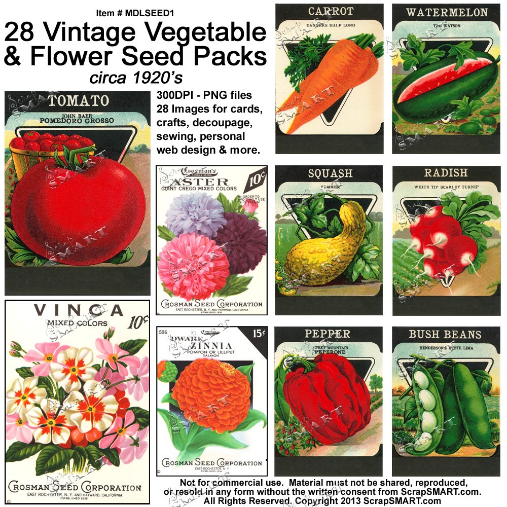 ScrapSMART - Vintage Vegetable &amp; Flower Seed Packs - Jpeg and PNG files for Mac [Download]