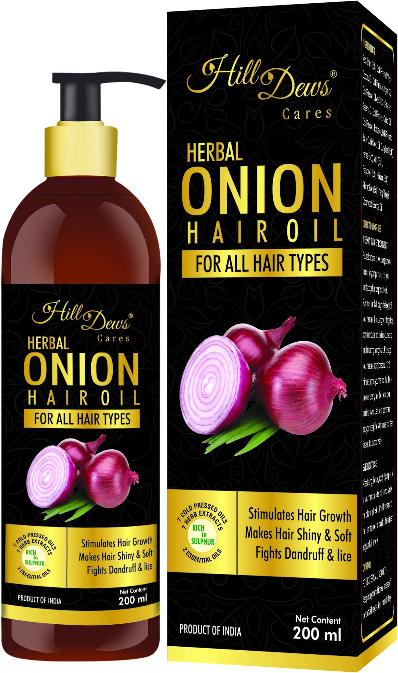 HillDews Onion Hair Oil 200ml For All Hair Types Stimulates Hair Growth Faster with 16 Botanical Oils and Herb Extracts