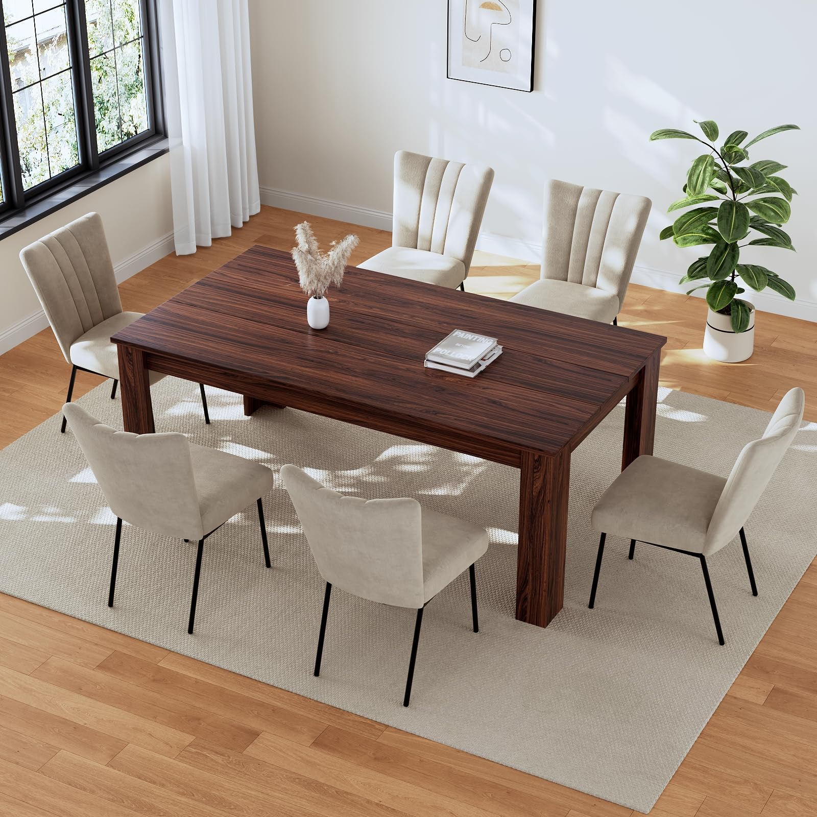 HIPIHOM 62.9" Dining Table Set for 6, MDF Board Kitchen Table Set with 6 Fabric Dining Chairs, Mid-Century Kitchen and Dining Table Set of 7, Saving