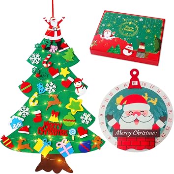 Felt Christmas Tree for Toddlers, 3.2ft My First Christmas Tree+Santa Claus Advent Calendar for Kids, 34 Ornaments Wall Hanging DIY Xmas Decorations with String LightBatteries Not Included