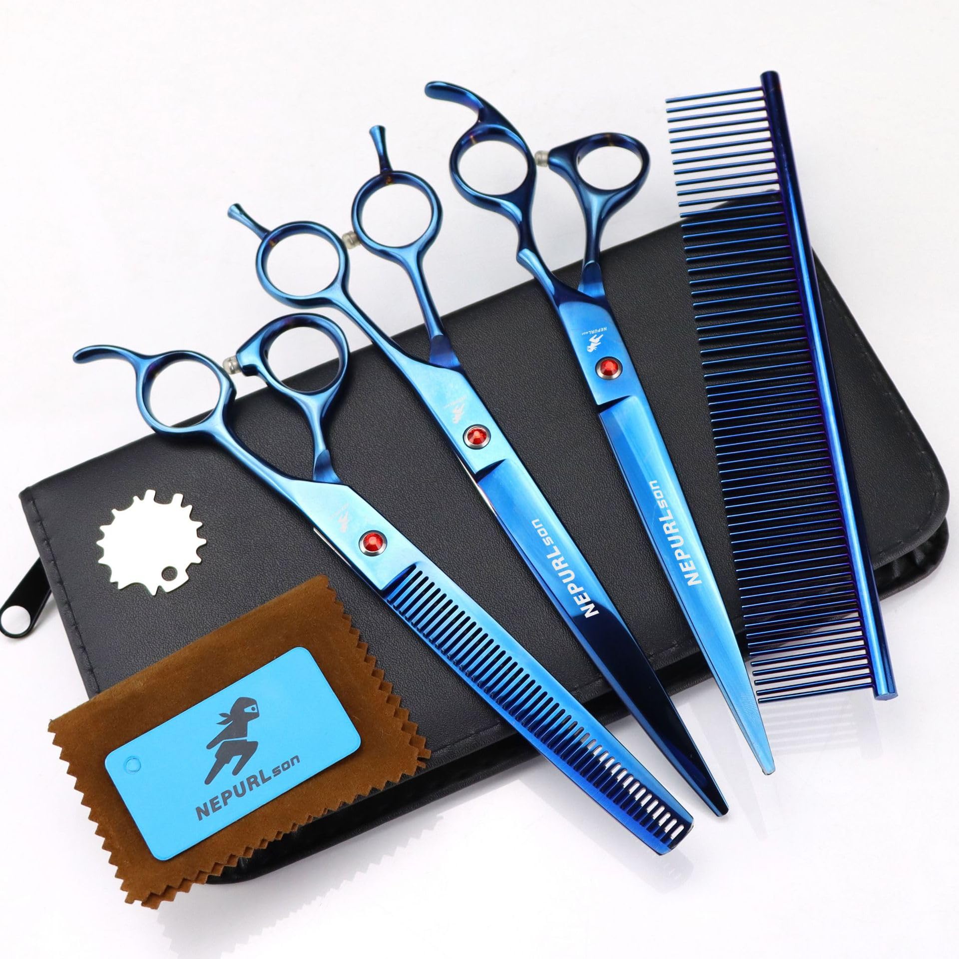 3-Piece Professional Dog Grooming Kit, 8.0-Inch Blue 440C Steel Shears Set with Straight, Curved, and 7.5-Inch Thinning Scissors for All-Breed Shaping, Finishing, and Styling,A