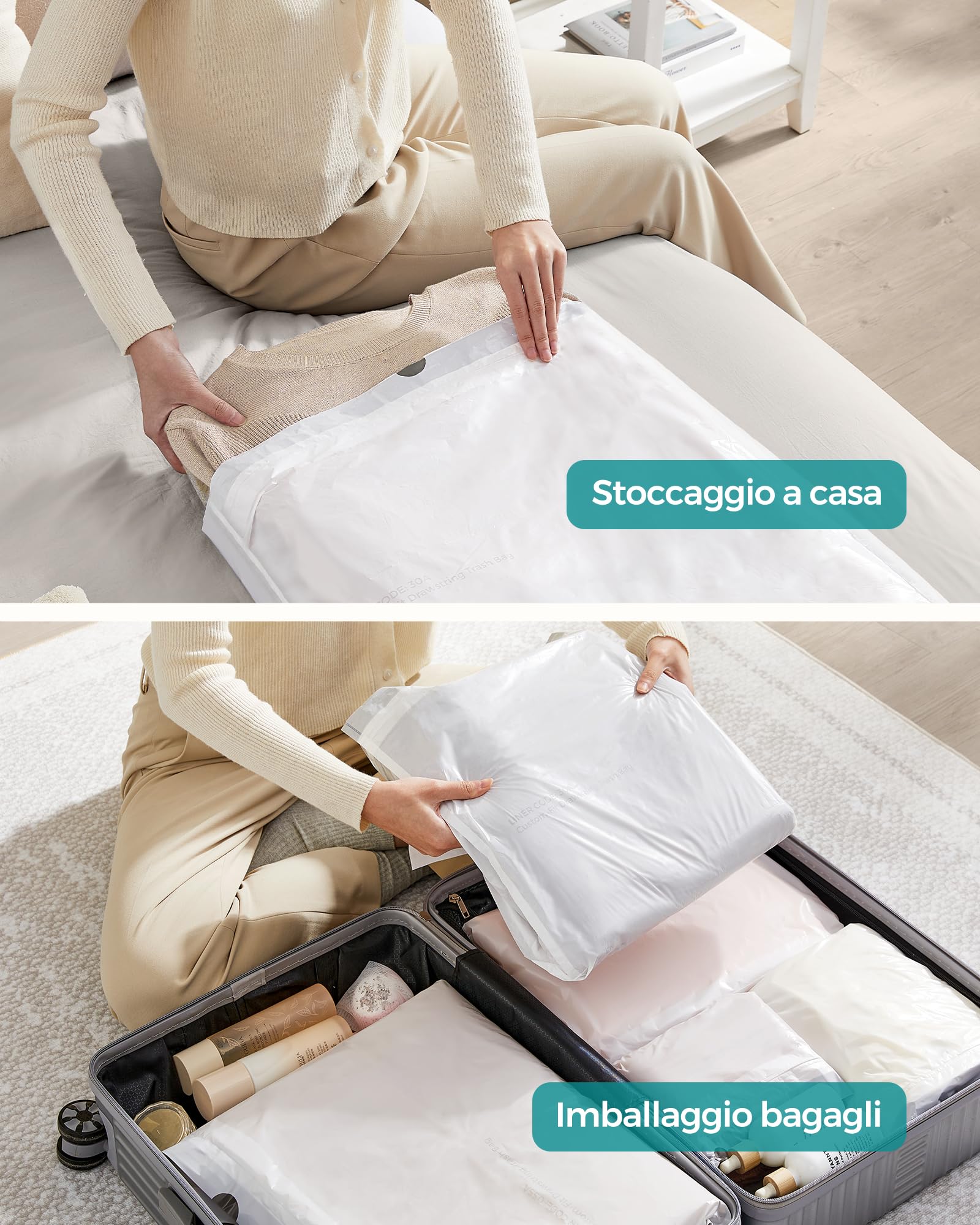 SONGMICS Sacchi Spazzatura, Sacchetti per Immondizia con Manici a Cordoncino, Sacchi per Pattumiere da Cucina da 30L, Pre-separati, Codice 30A, 2 Rotoli, 90 Pezzi, Bianco KRB30A02