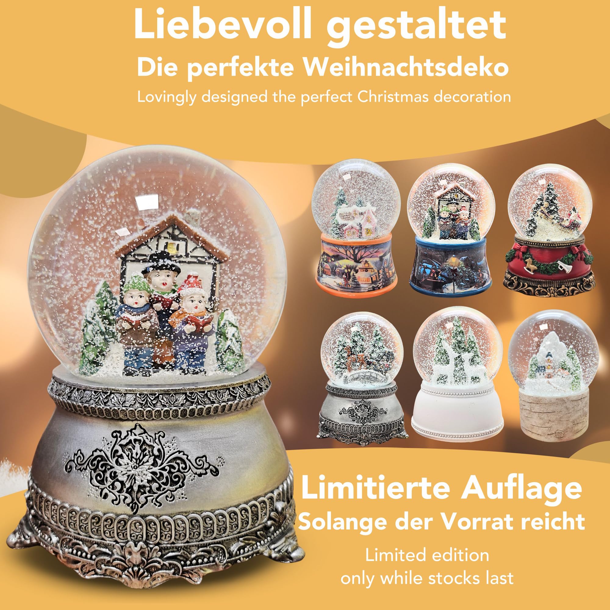 Schneekugel Weihnachten Spieluhr | Weihnachtssinger Fachwerkhaus | Sockel Zinn Ornamente | Höhe: 140mm, Breite 100mm | mit Musik | Schüttelkugel mit Weihnachtsmelodie | 20315
