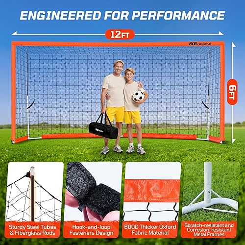 Miniatura 5 de Haokelball Portería de fútbol portátil para patio trasero, red de fútbol de 12 x 6 pies con poste de metal para práctica de adultos y jóvenes,