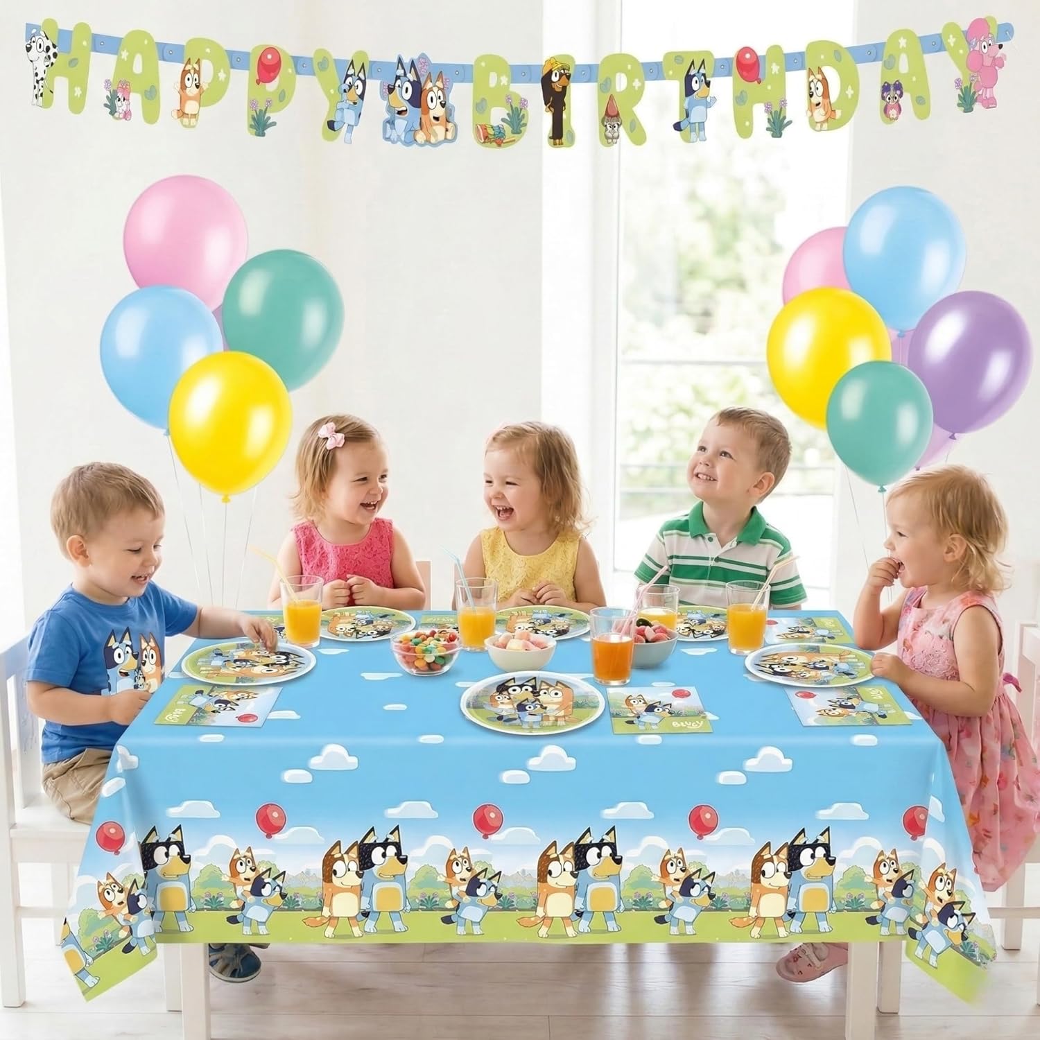 Bluey Birthday Decorations Girl includes 16 Plates, Napkins, Banner, Tablecloth, Balloons, Sticker - Bluey Party Decorations - Officially Licensed