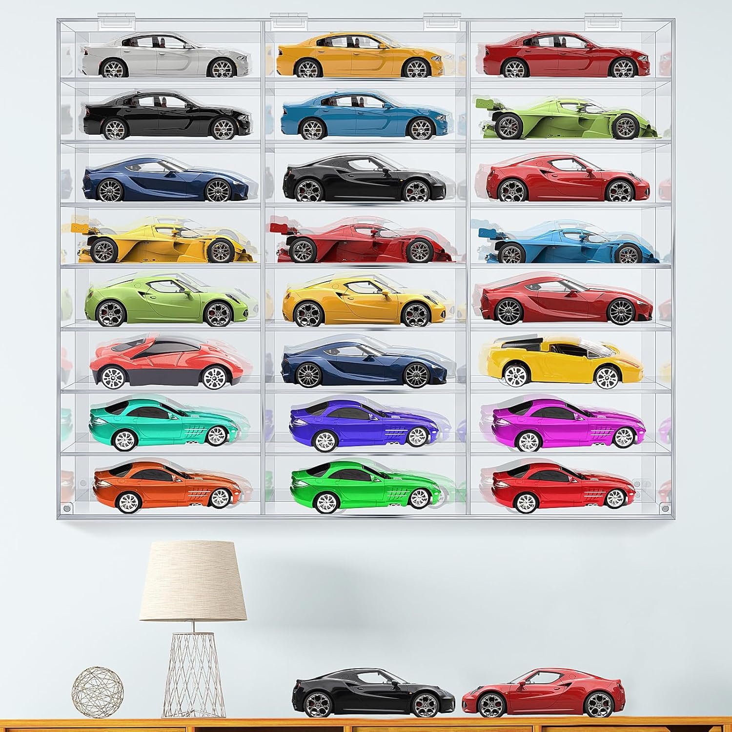 Juexica Clear Acrylic Toy Car Display Case 1: 24 Scale Diecast Display Box Wall Mounted Shelf for Storage Toy Car Mini Model Race(24 Grids)