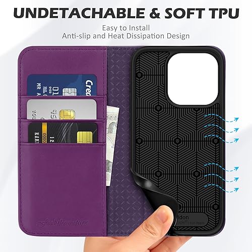 Miniatura 8 de SHIELDON Funda tipo cartera para iPhone 15 Pro de 6.1 pulgadas, funda de cuero genuino con tapa con bloqueo RFID, ranuras para tarjetas de crédito,