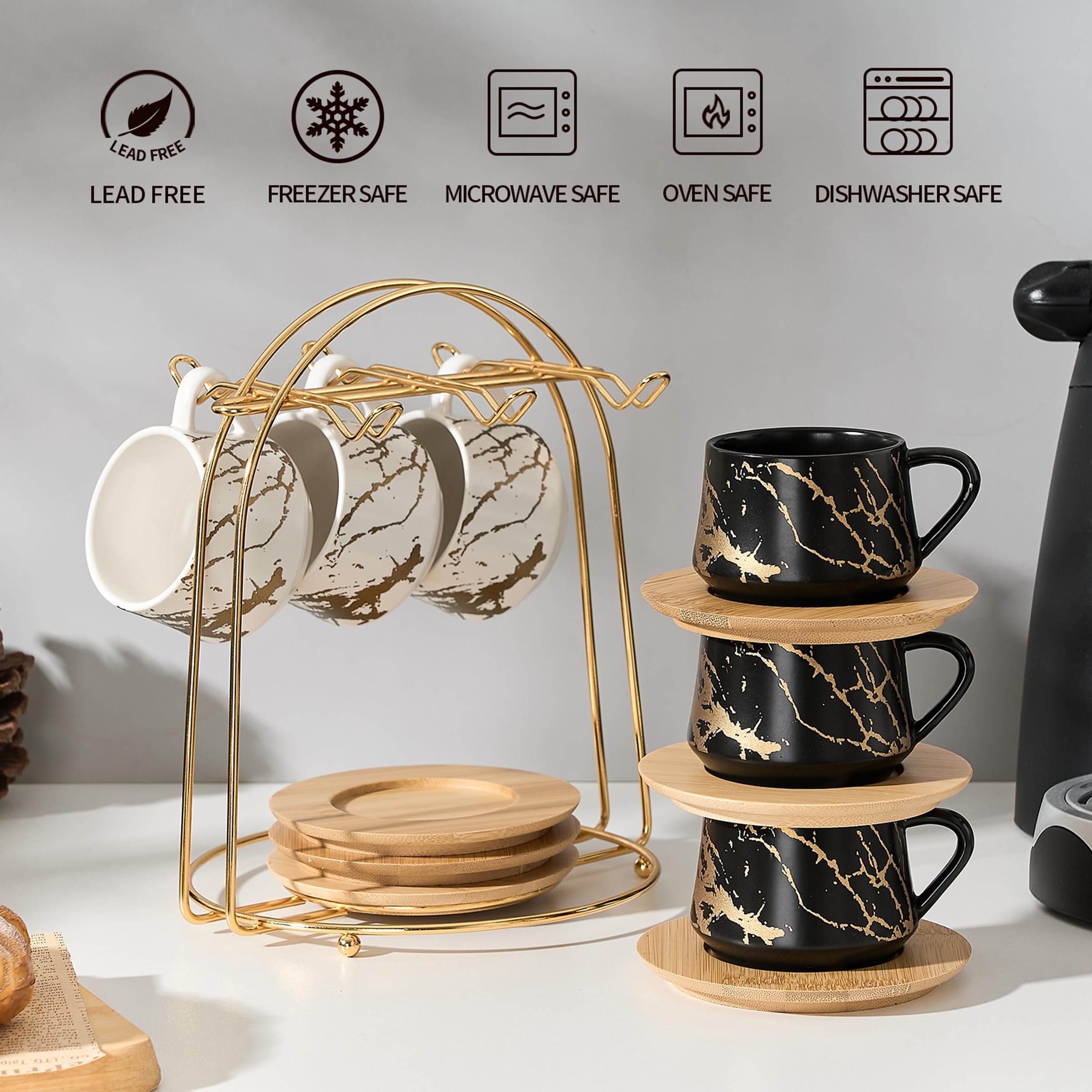 PORCER Juego de tazas de café de cerámica y platillos de madera con soporte dorado de metal, elegante diseño de mármol, tazas apilables para cappuccino, expreso, bebidas de café especializadas, latte