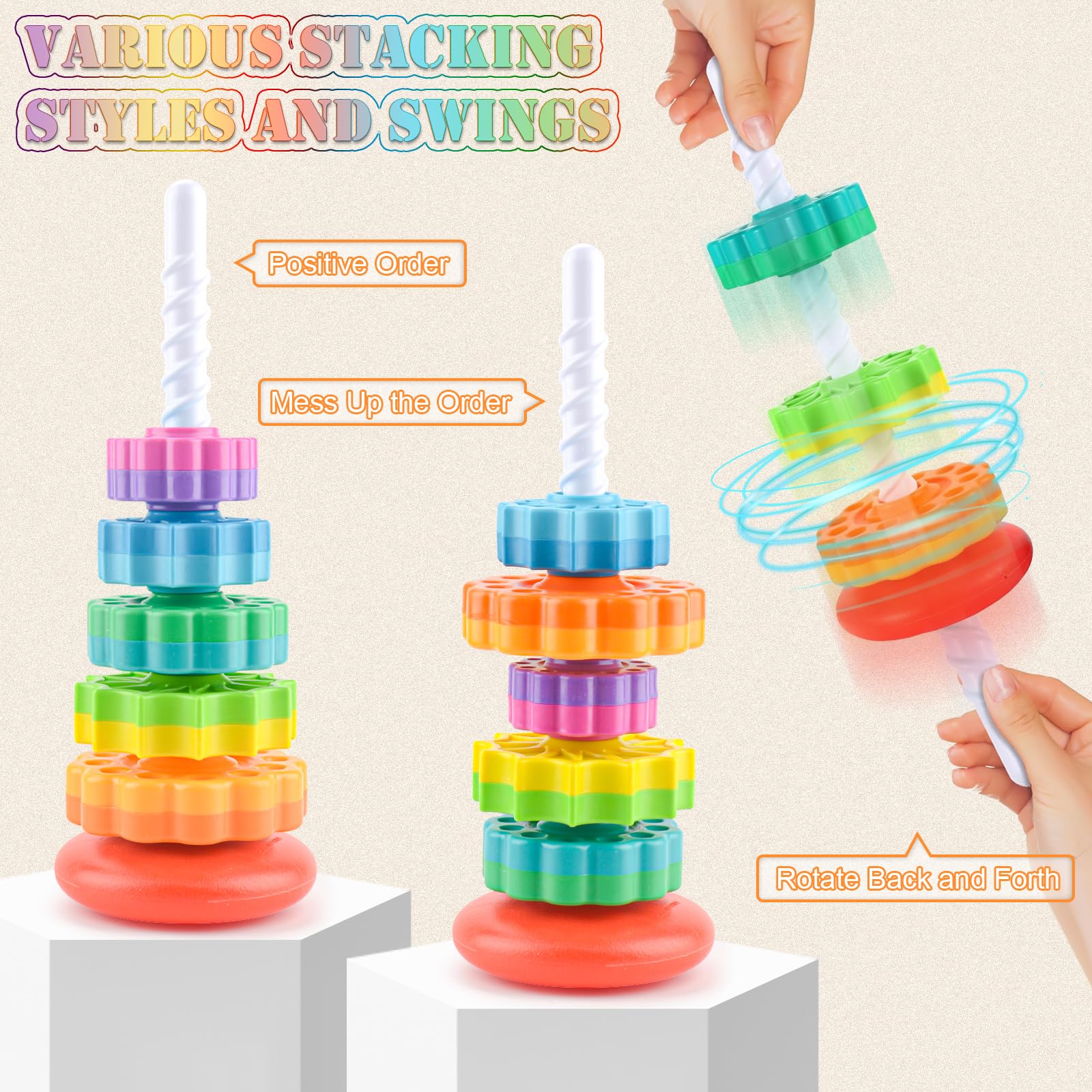 71Nmly Spinning Stacking Toys Baby Spinning Toy Rainbow Tower Stress Relief Stacking Rings Game Kids Stackable Educational Toy for Toddlers Plugging Family Games for 12 Months - Image 4