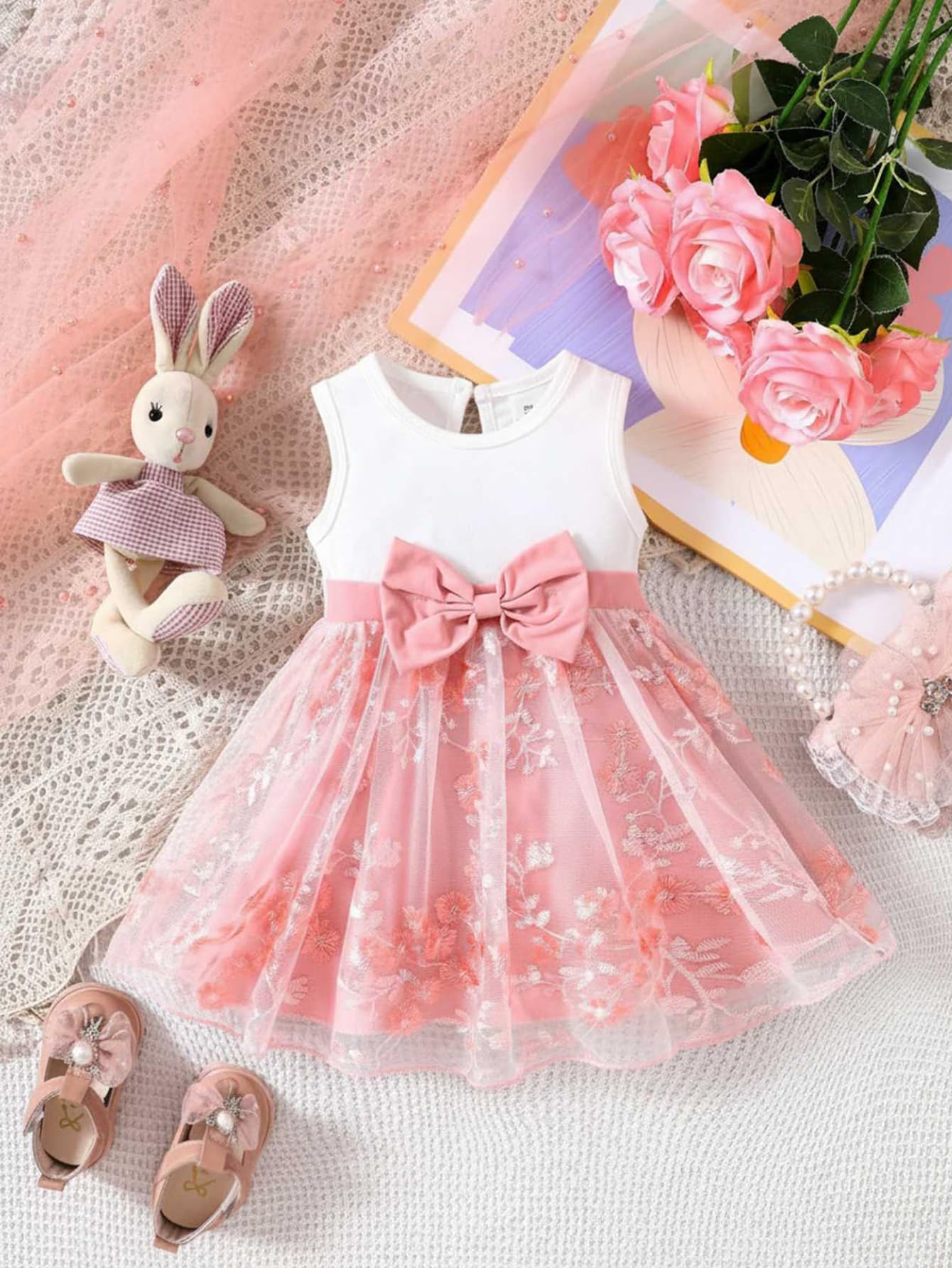 Vestido de tul floral para niña, cuello redondo, detalle de lazo, traje de bebé de una pieza con diadema